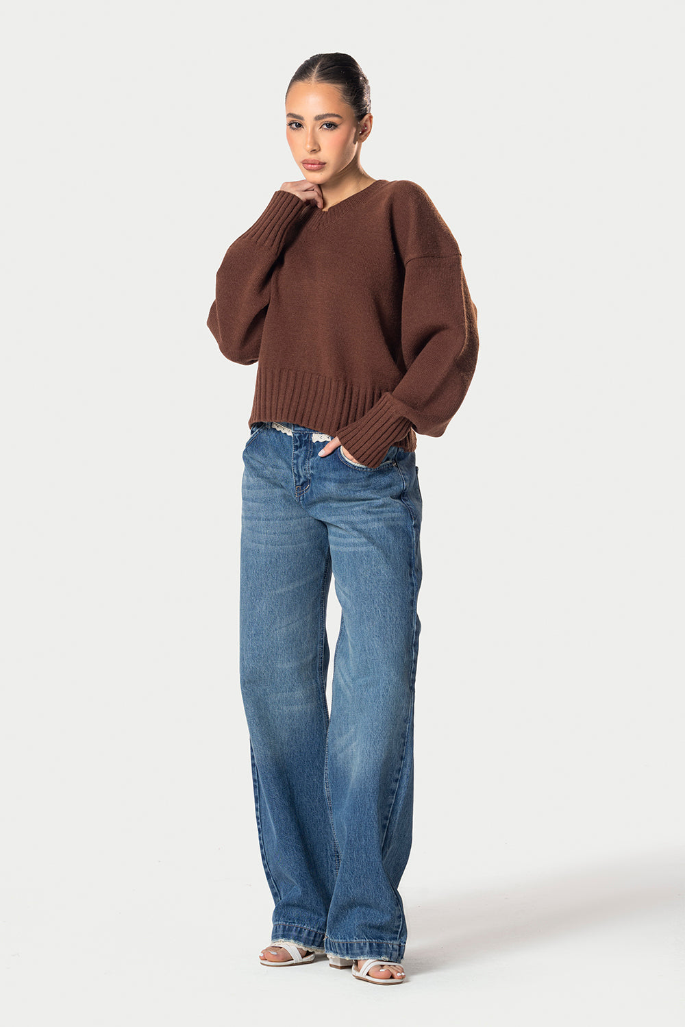 V-Neck Knitted Sweater – Brown – photo 6