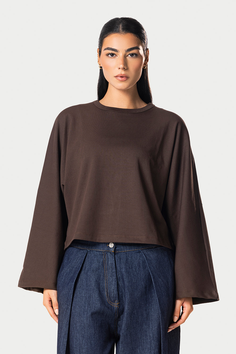 Wide Sleeve Cotton Tee – Brown | Eighties