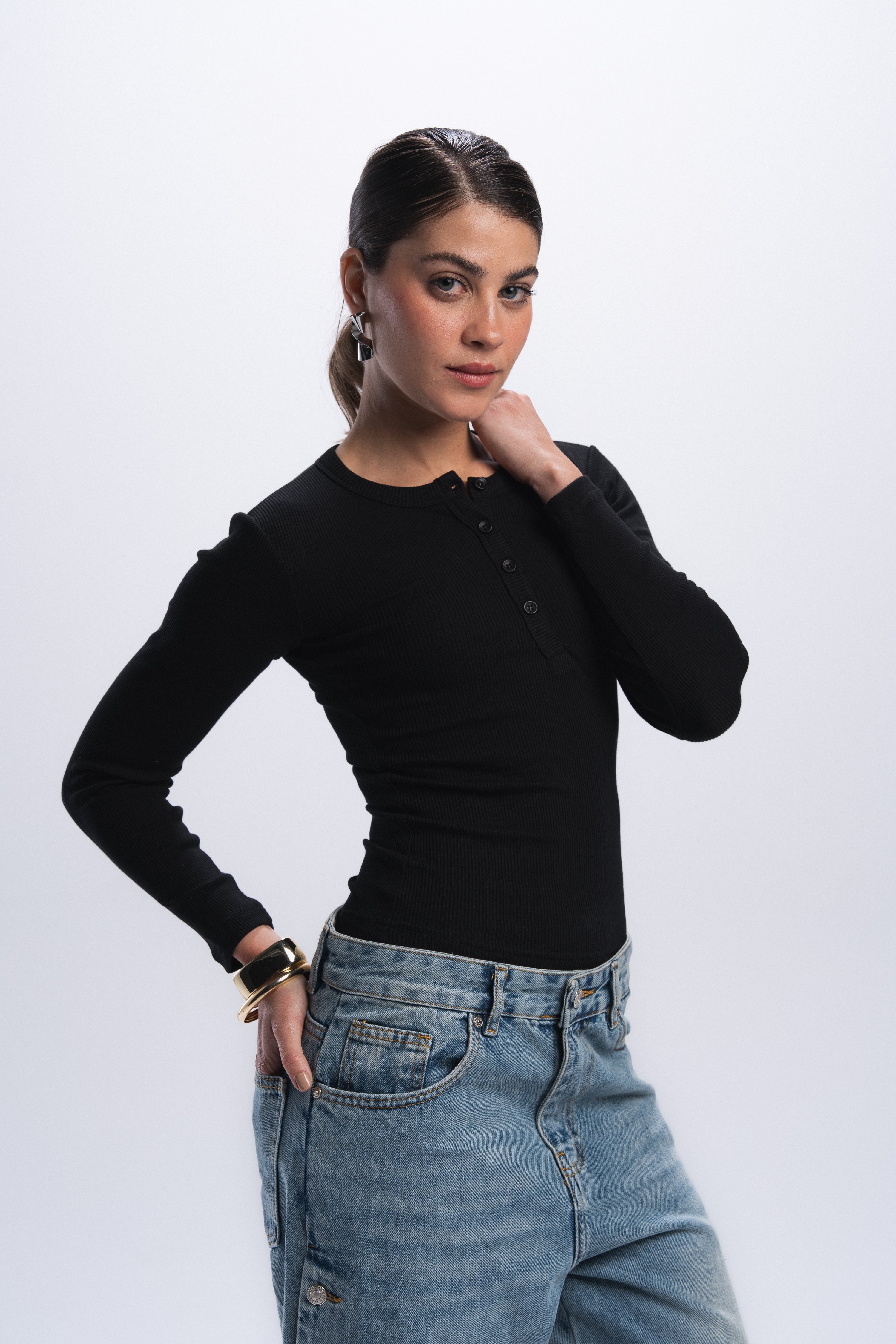 Long Sleeve buttons top - Black