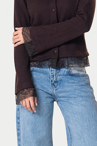 Long sleeve lace buttons top – Brown – photo 7