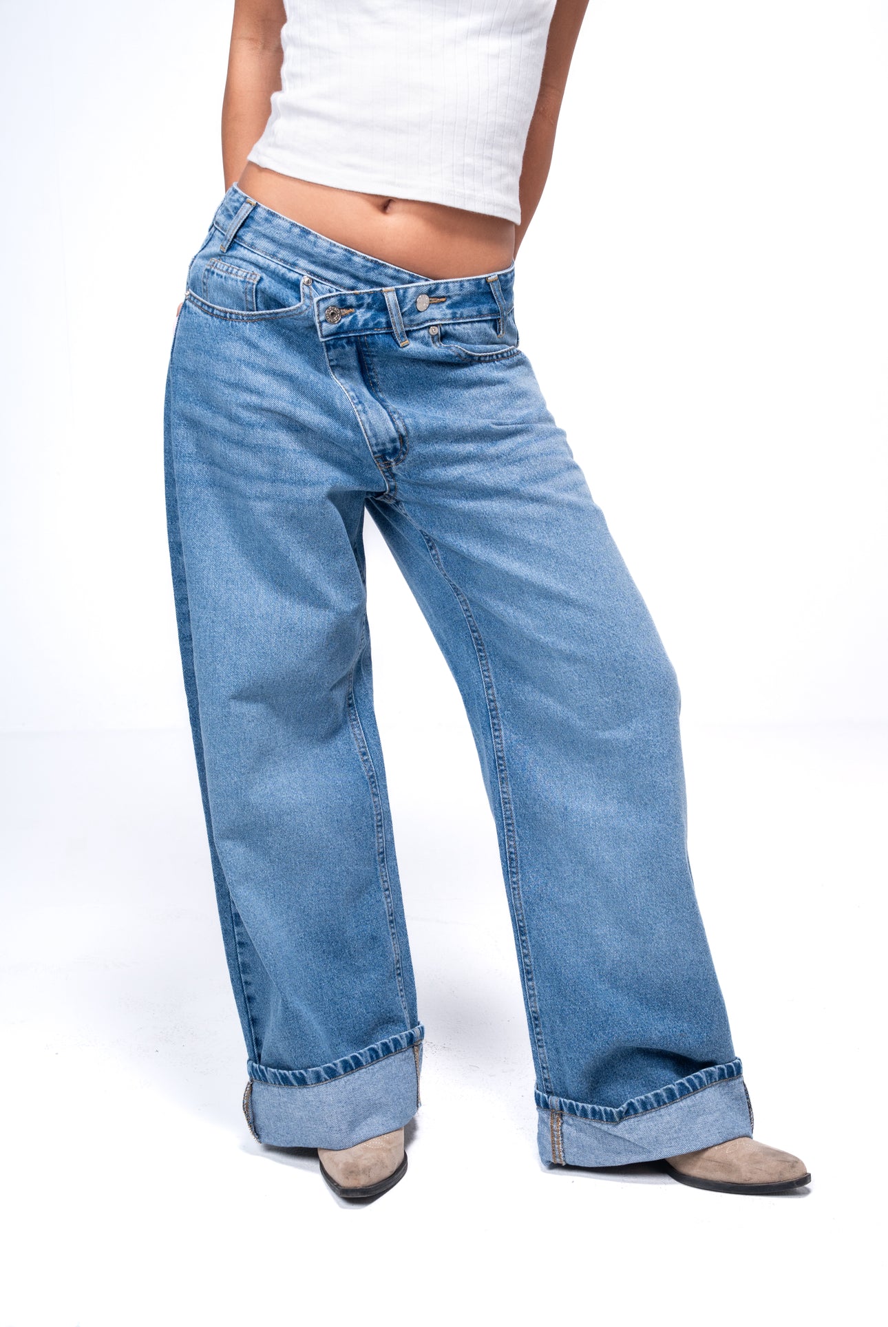 Sky blue wide-Leg Crossover Waist Jeans