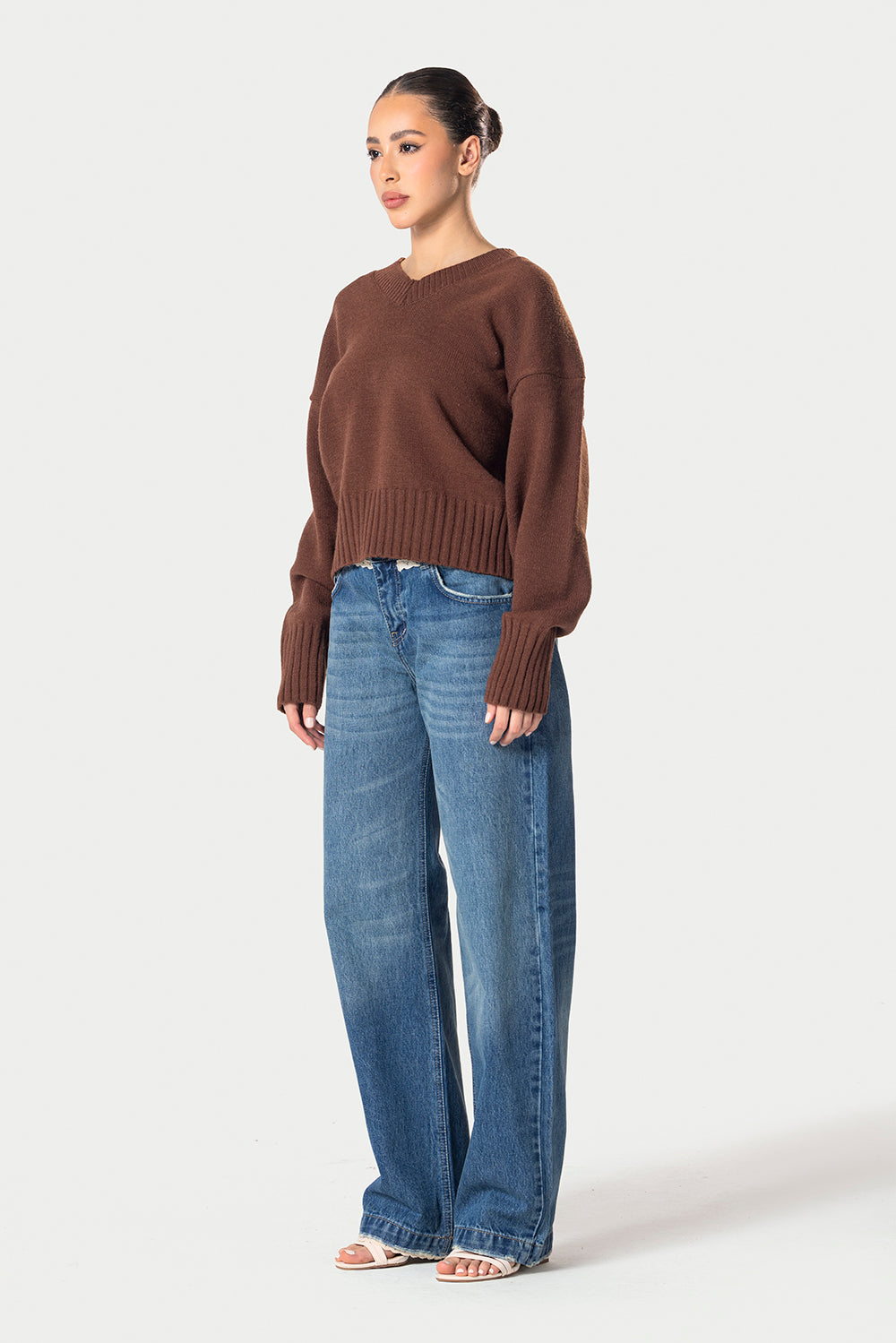 V-Neck Knitted Sweater – Brown – photo 7