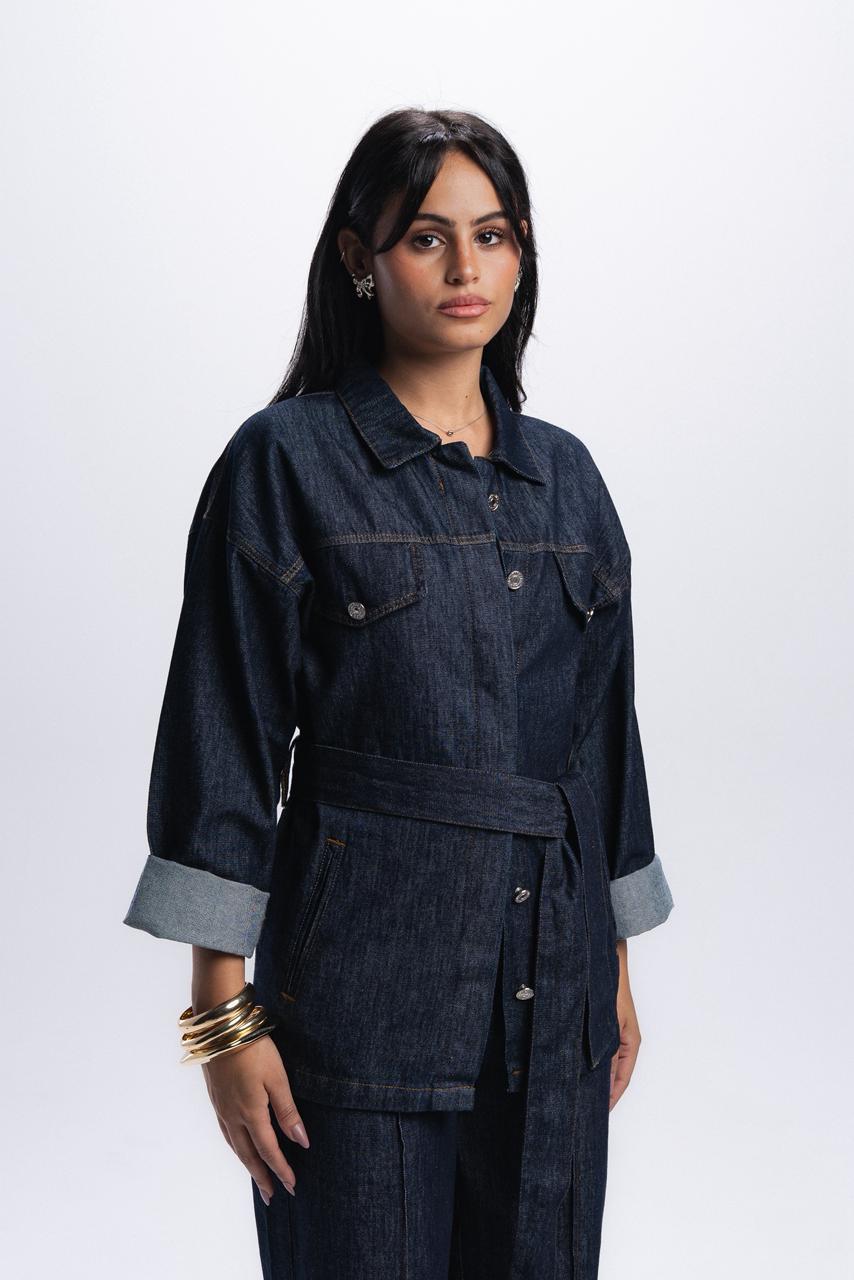 Denim Chemise With Belt - Blue Raw