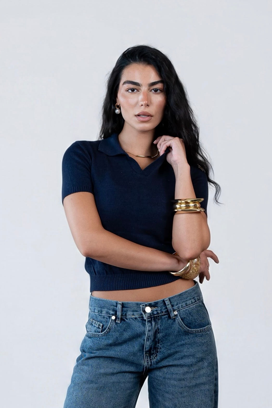 V-Neck Knitted Polo - Navy Blue