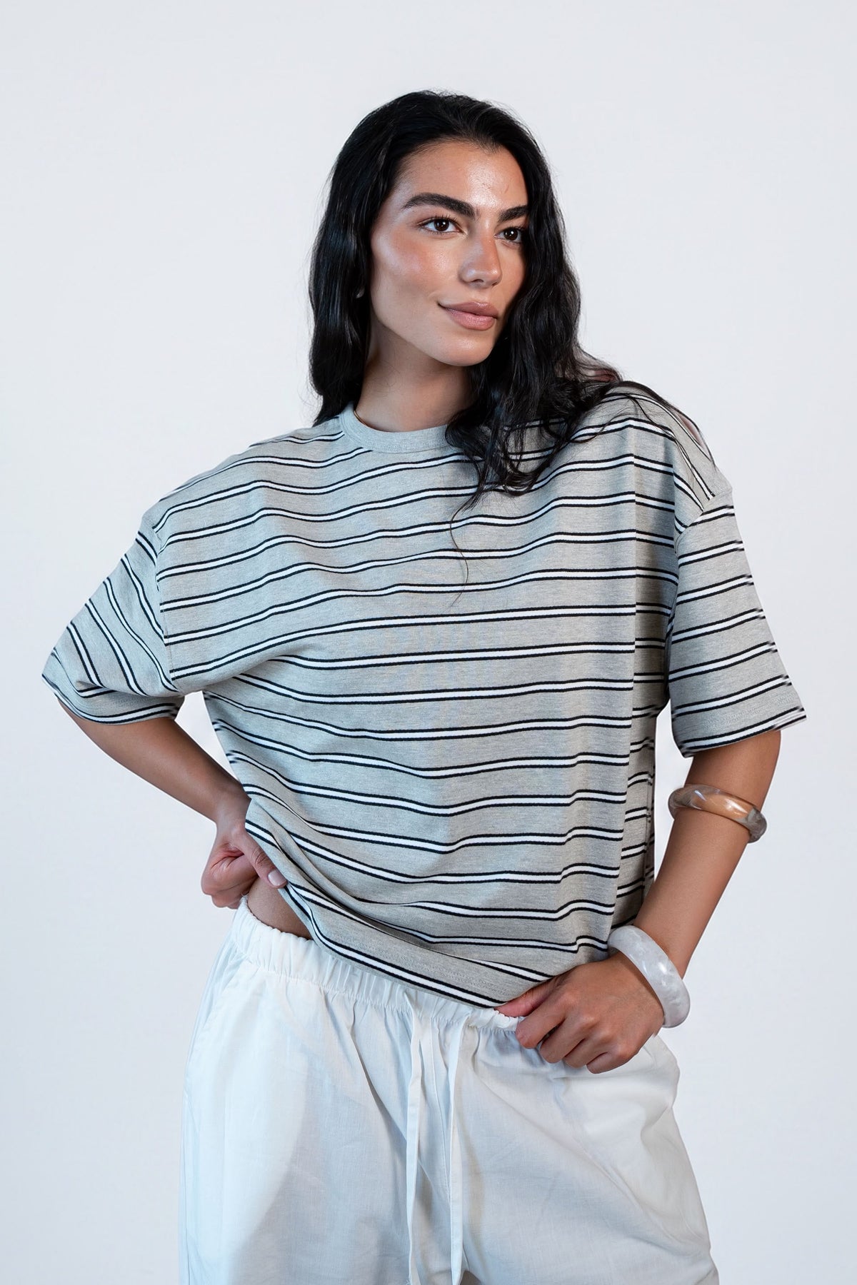 Oversized Striped T-Shirt -Grey