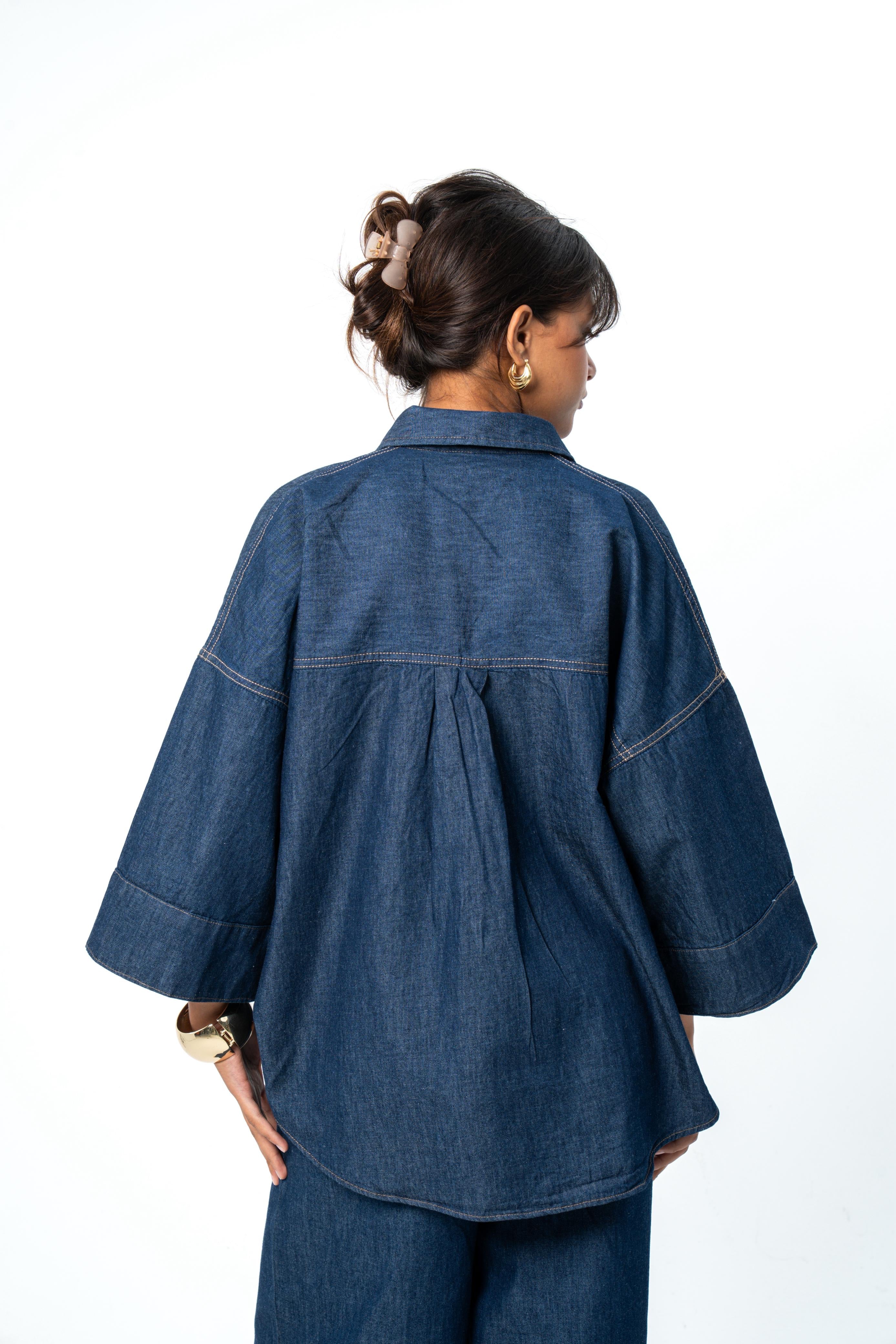 WIDE SLEEVE DENIM SHIRT - Dark Blue