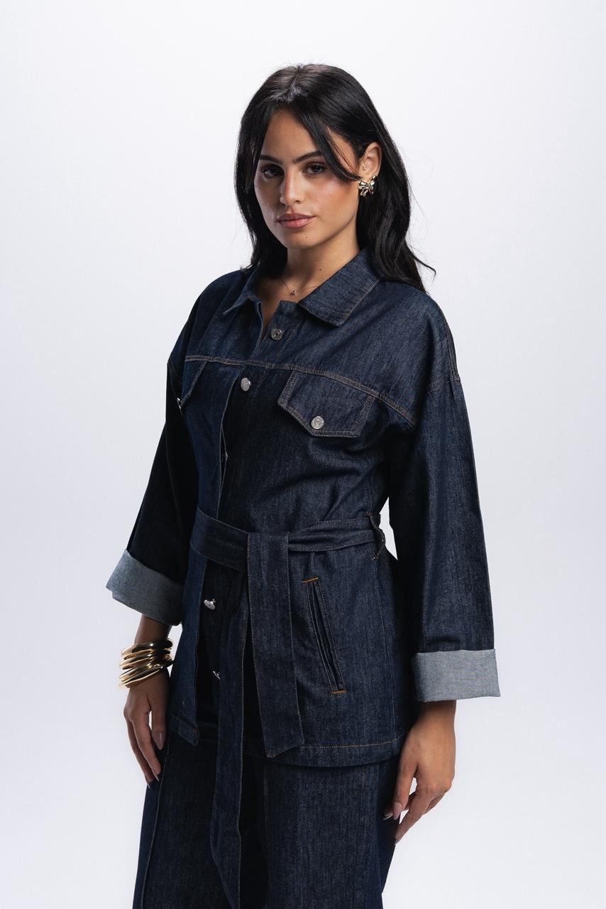 Denim Chemise With Belt - Blue Raw
