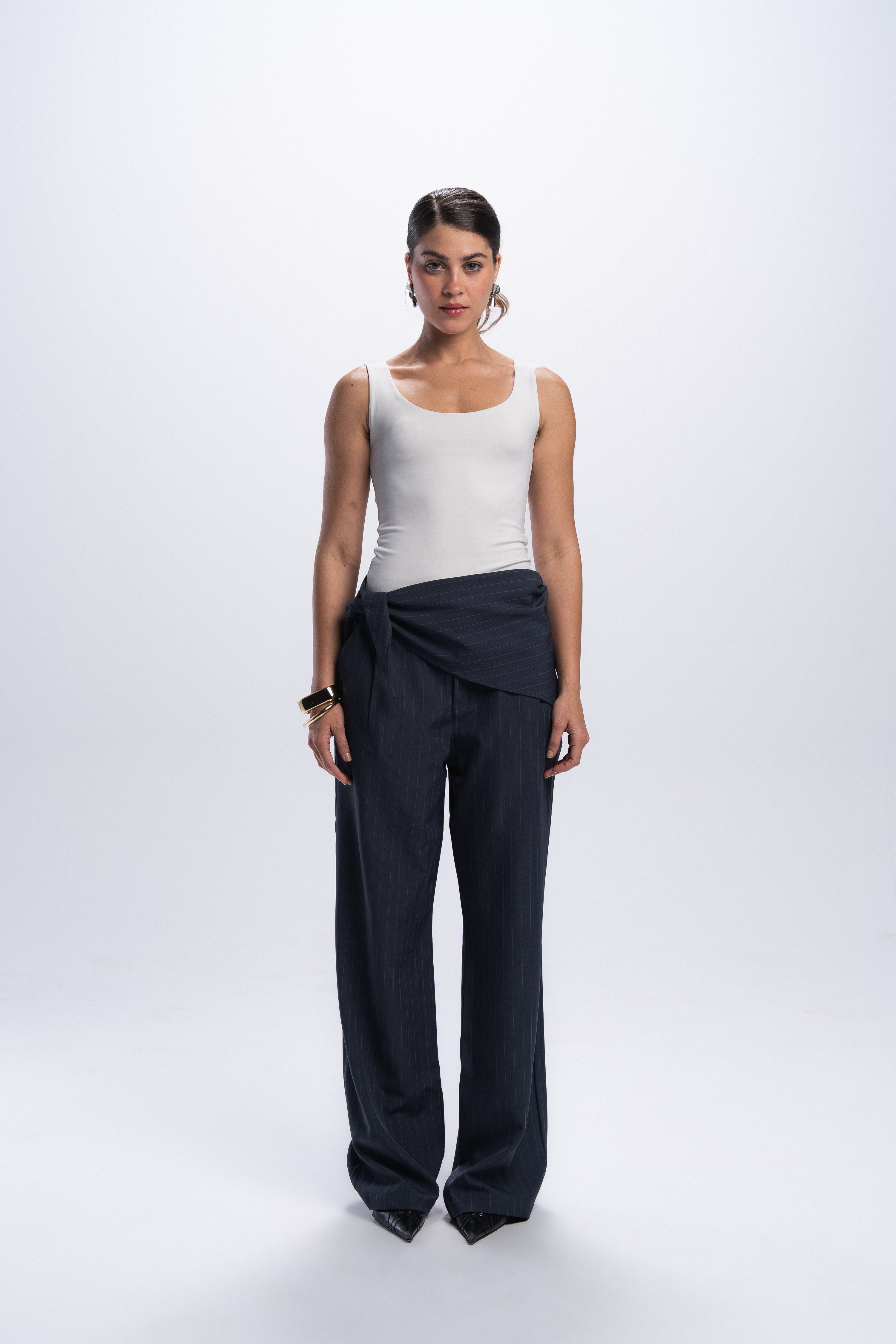 Scarf Pinstriped Pants - Grey
