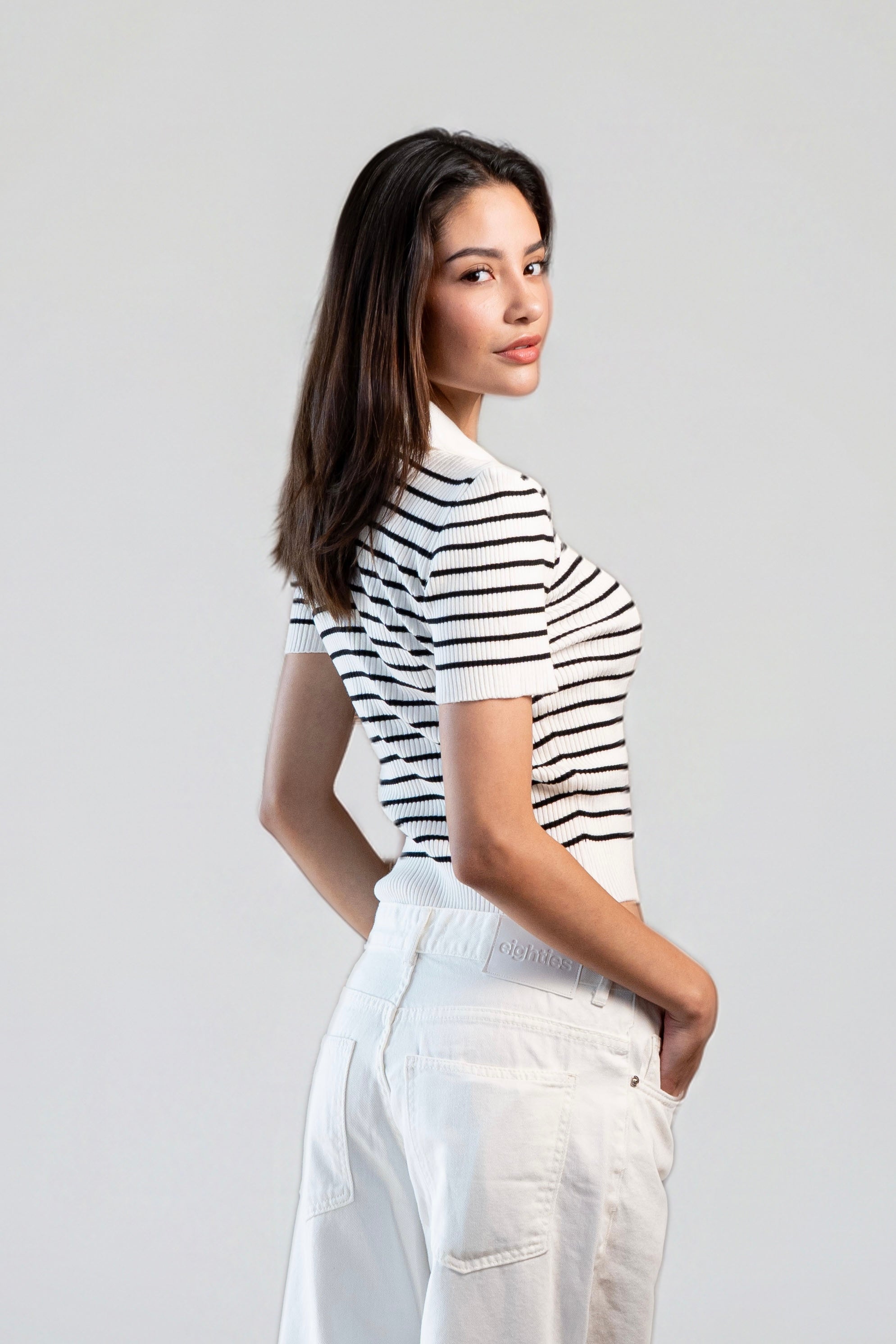 Buttoned striped knit Top - Ecru White