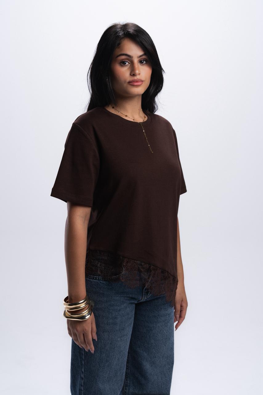 Short Sleeve Lace-Tee - Brown