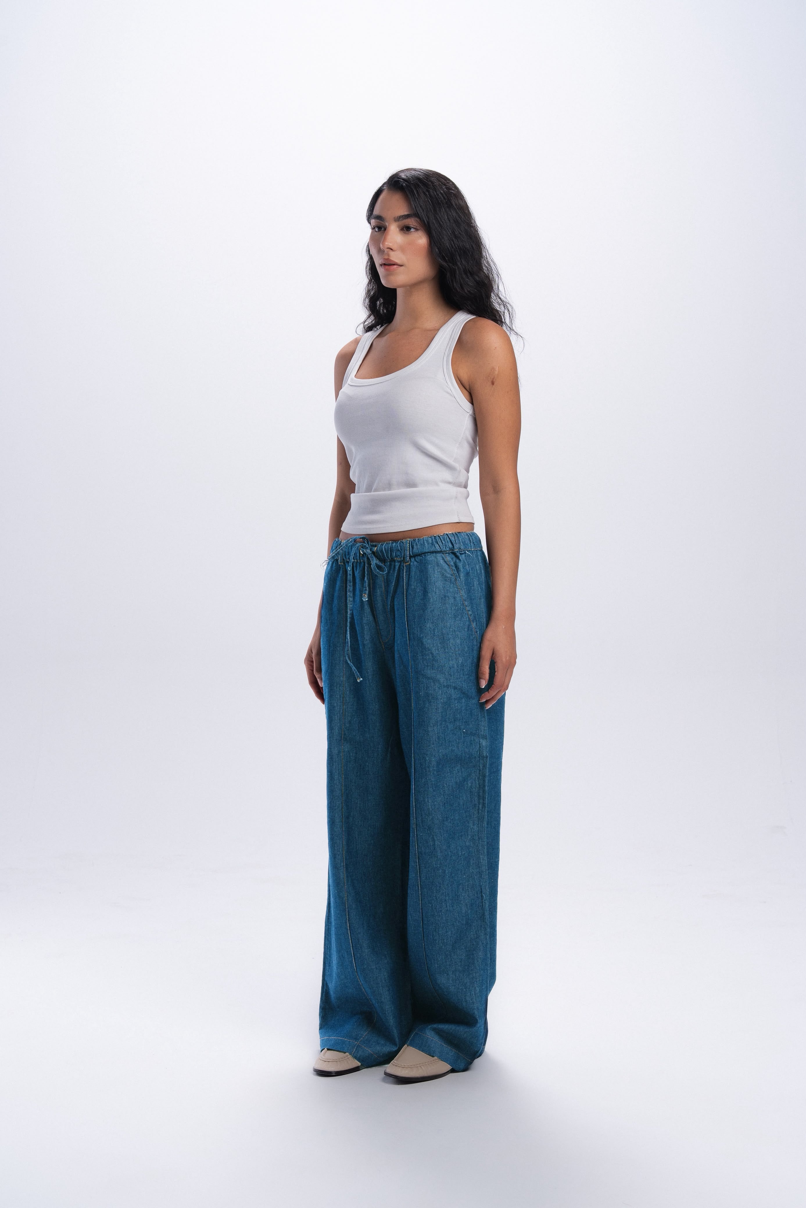 High Waist Wide Leg Denim Pants - Light Blue