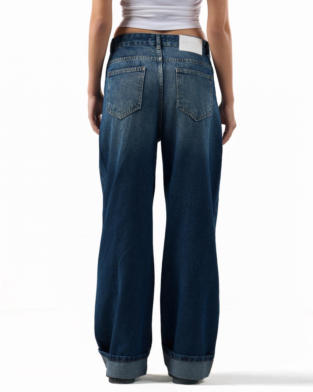 Baggy Folded Mid-Waist Jeans - Blue