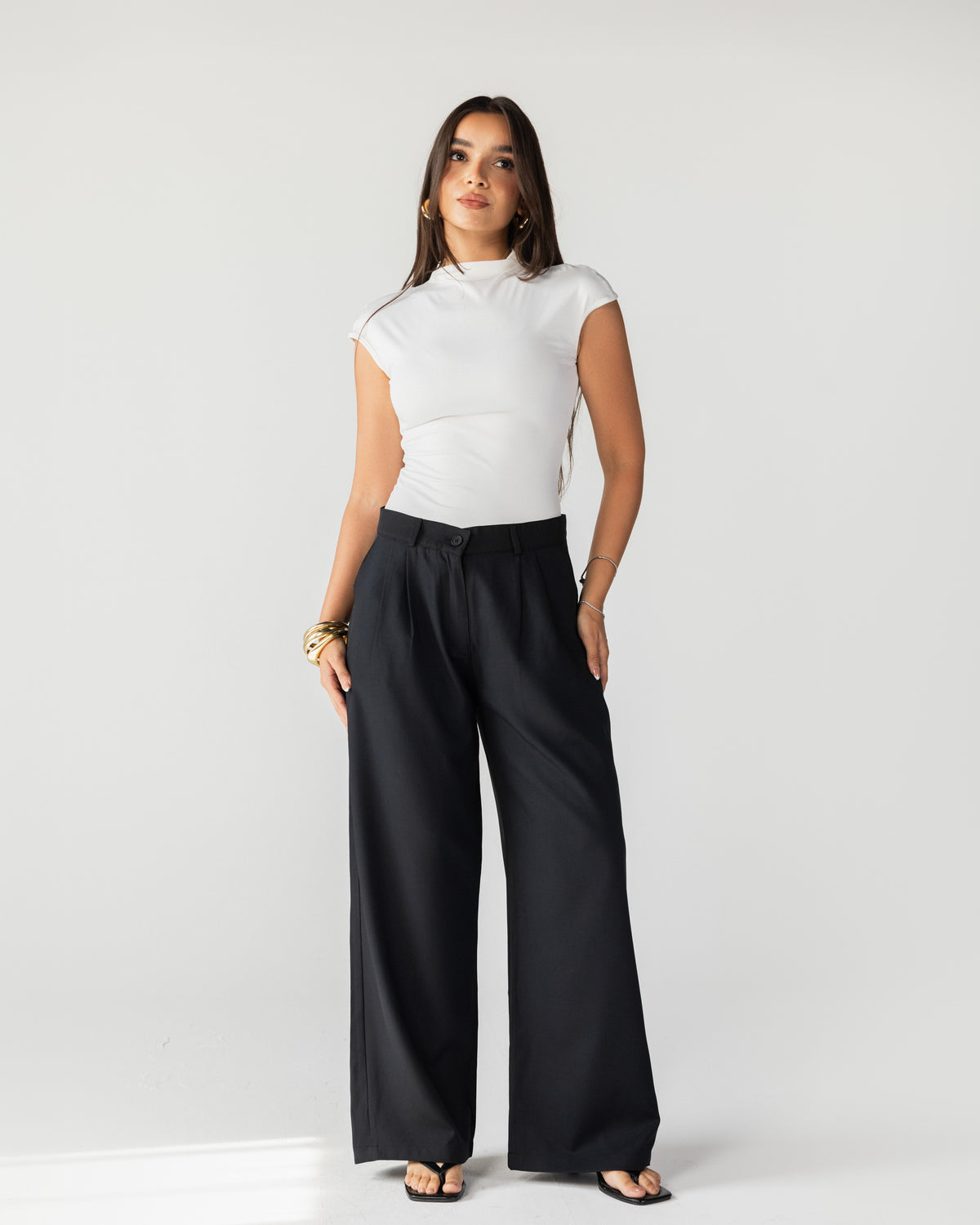 Wide Leg Tailored Pants-Black
