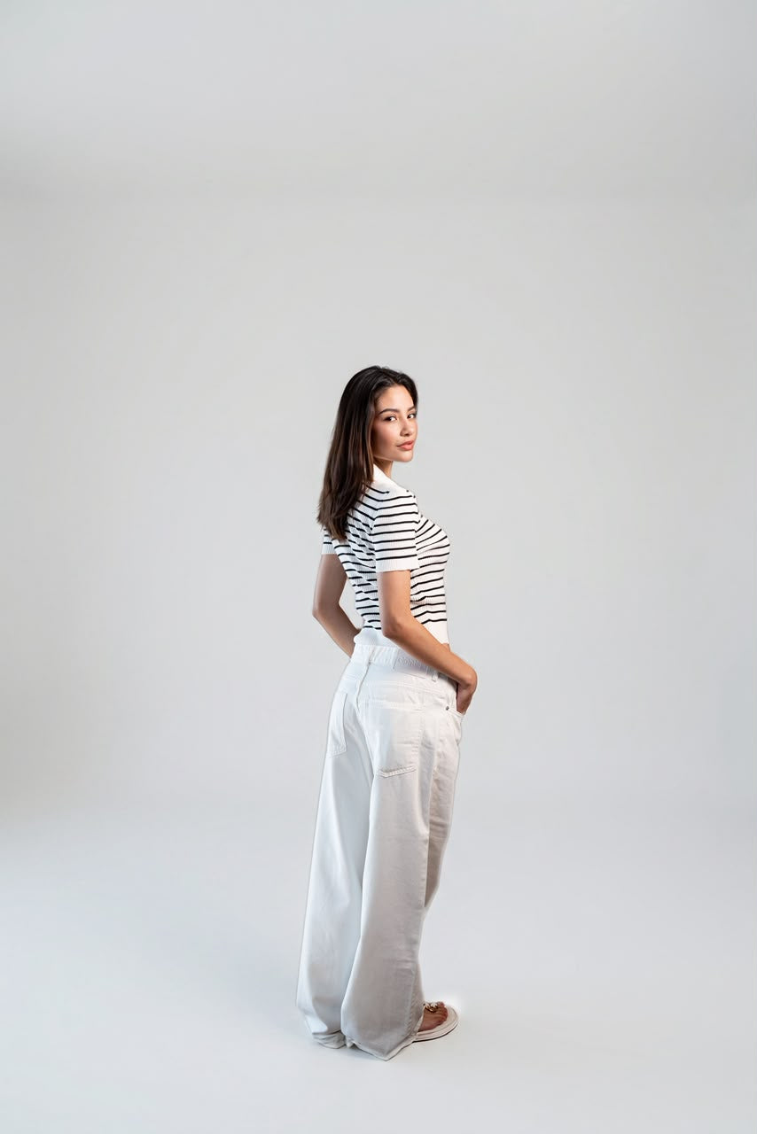 Buttoned striped knit Top - Ecru black