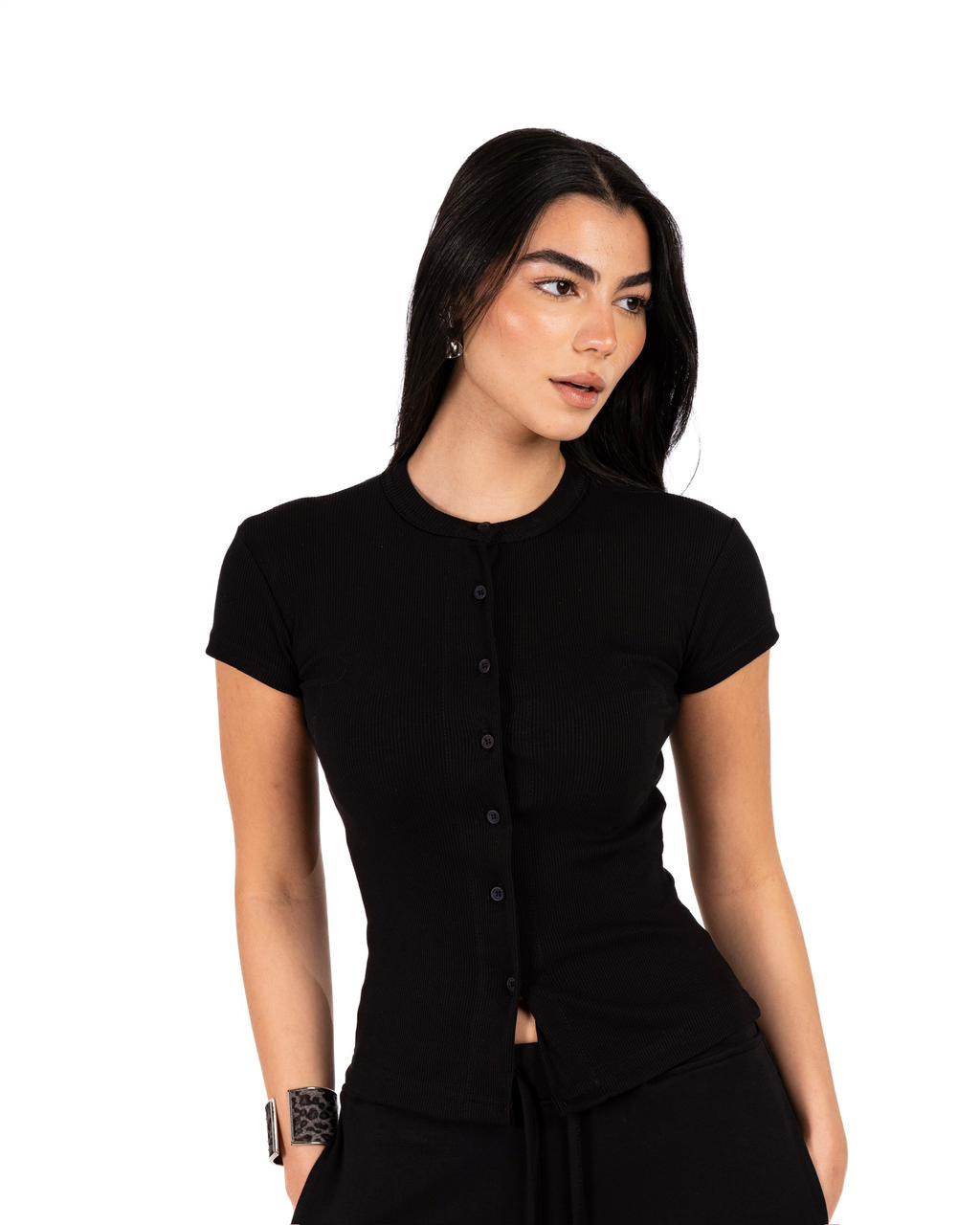 Short Sleeve buttons top - Black