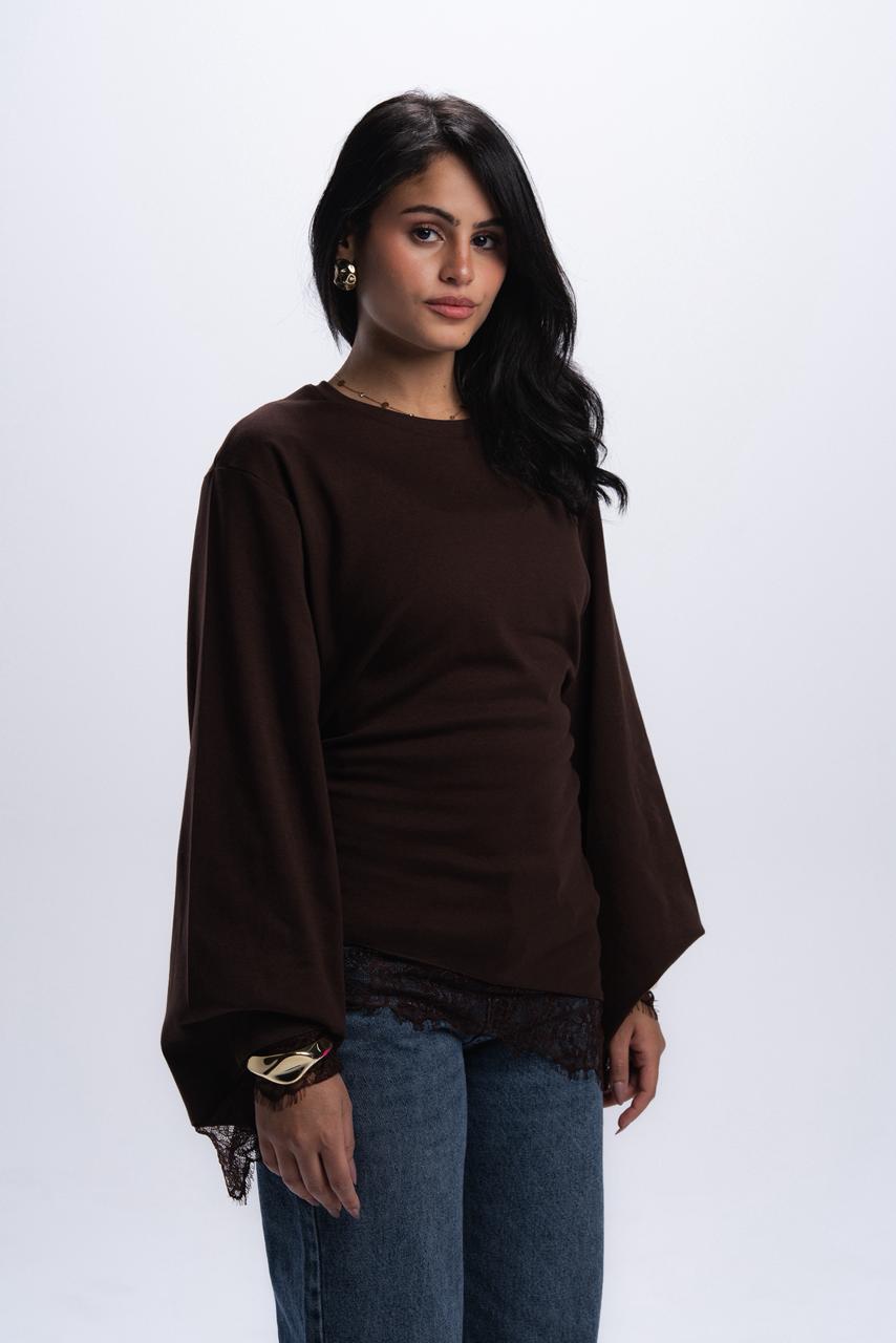 Long Sleeve Back tie lace Tee - Brown
