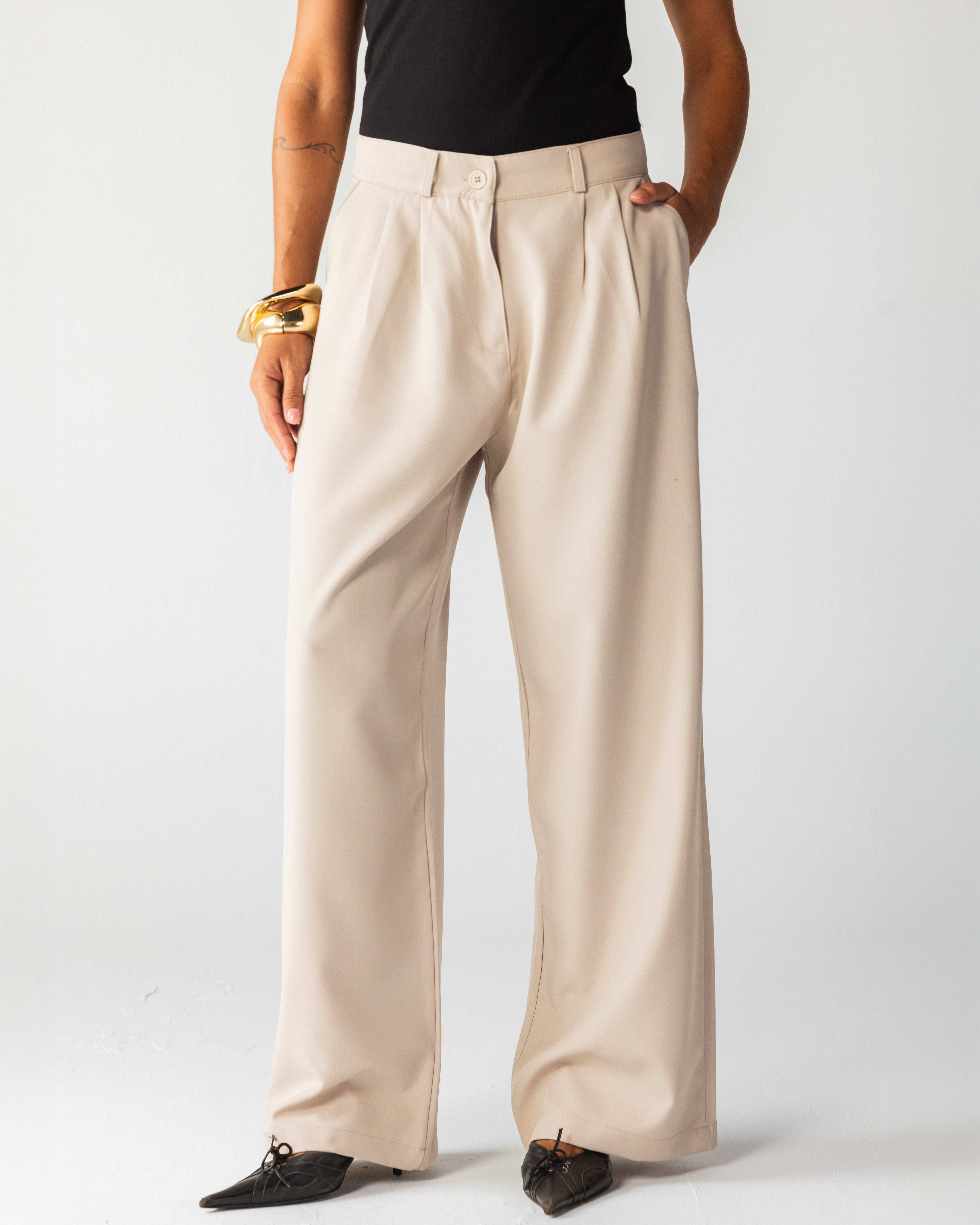 Wide Leg Tailored Pants- Beige