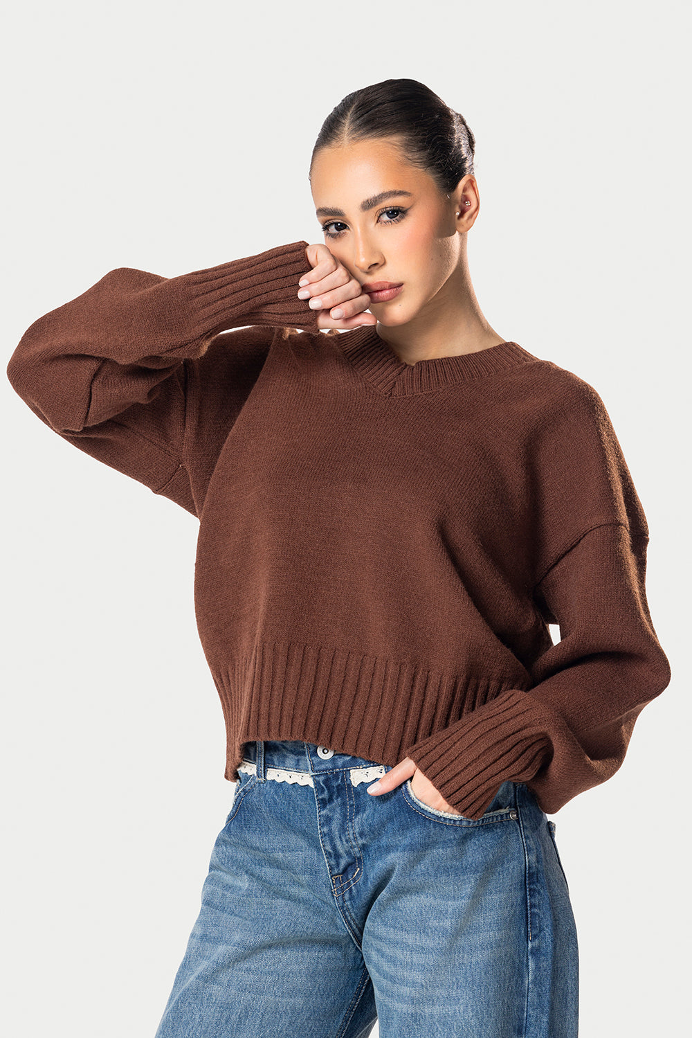 V-Neck Knitted Sweater – Brown – photo 4