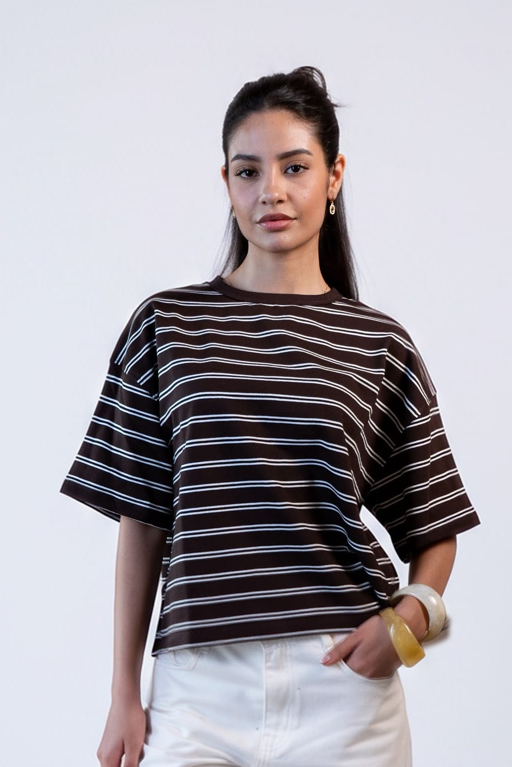 Oversized Striped T-Shirt -Brown