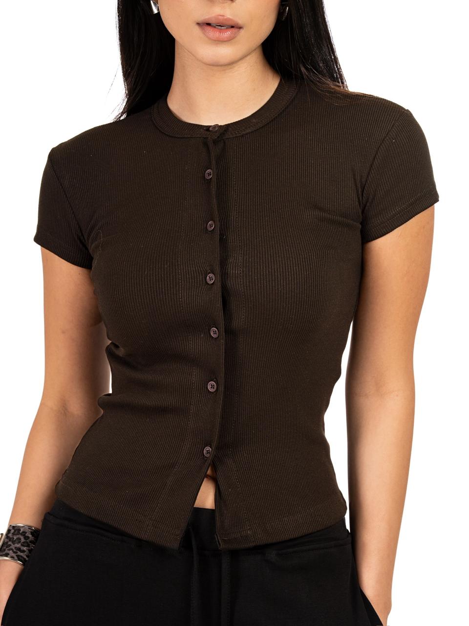 Short Sleeve buttons top - Brown