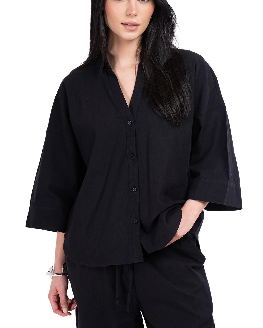 Wide Sleeve Linen Chemise - Black