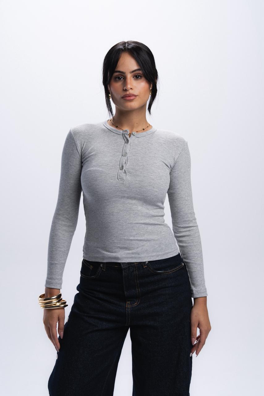 Long Sleeve buttons top - light grey