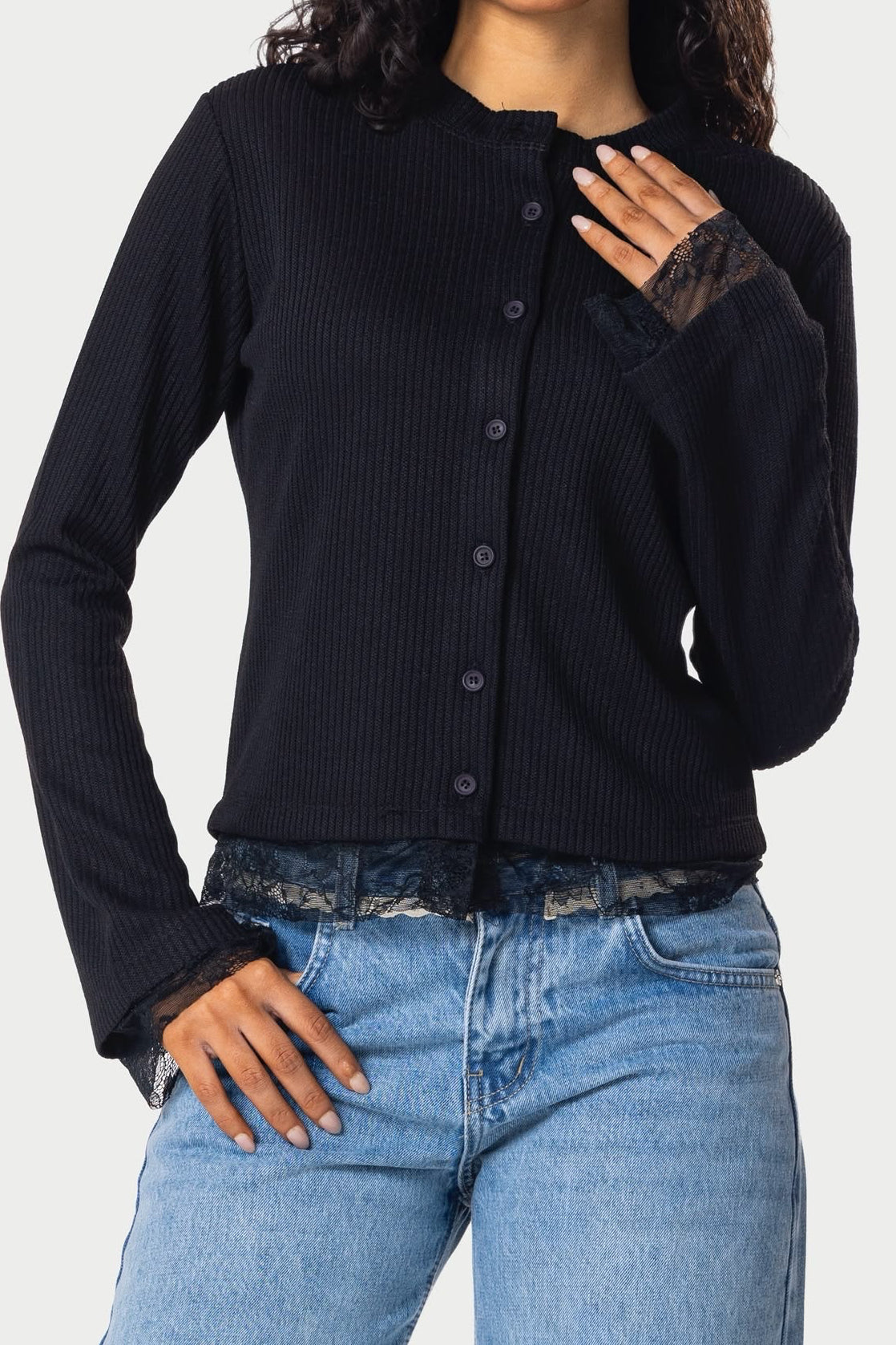 Long sleeve lace buttons top – Black – photo 6