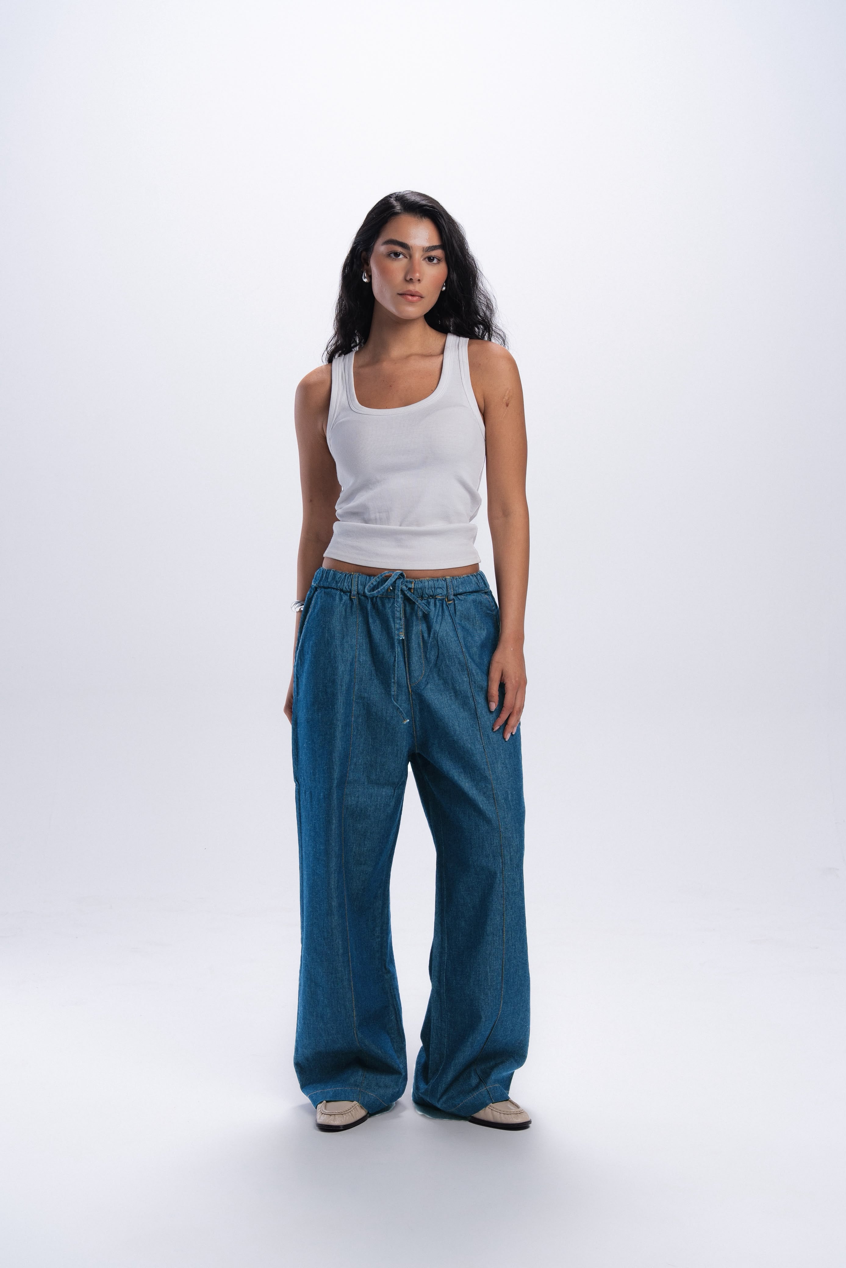 High Waist Wide Leg Denim Pants - Light Blue