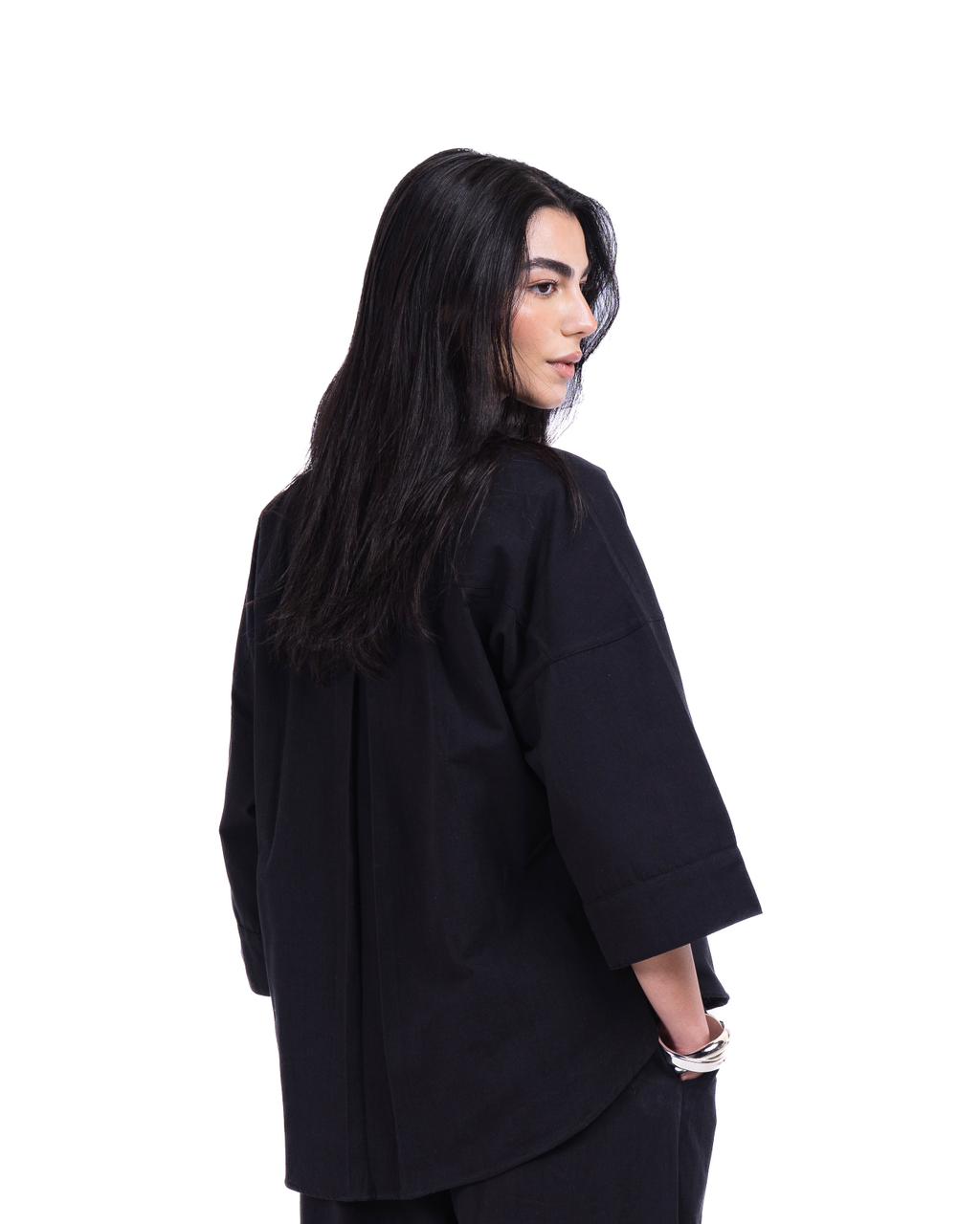 Wide Sleeve Linen Chemise - Black