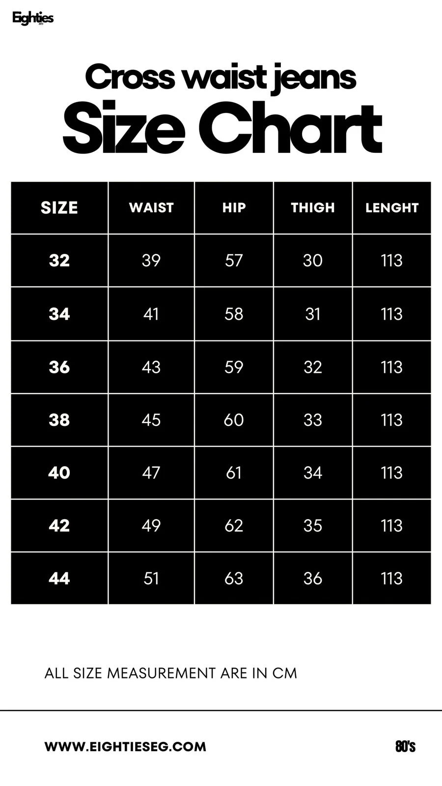 Cross-over waist wide leg jeans
 - Light blue — Size chart