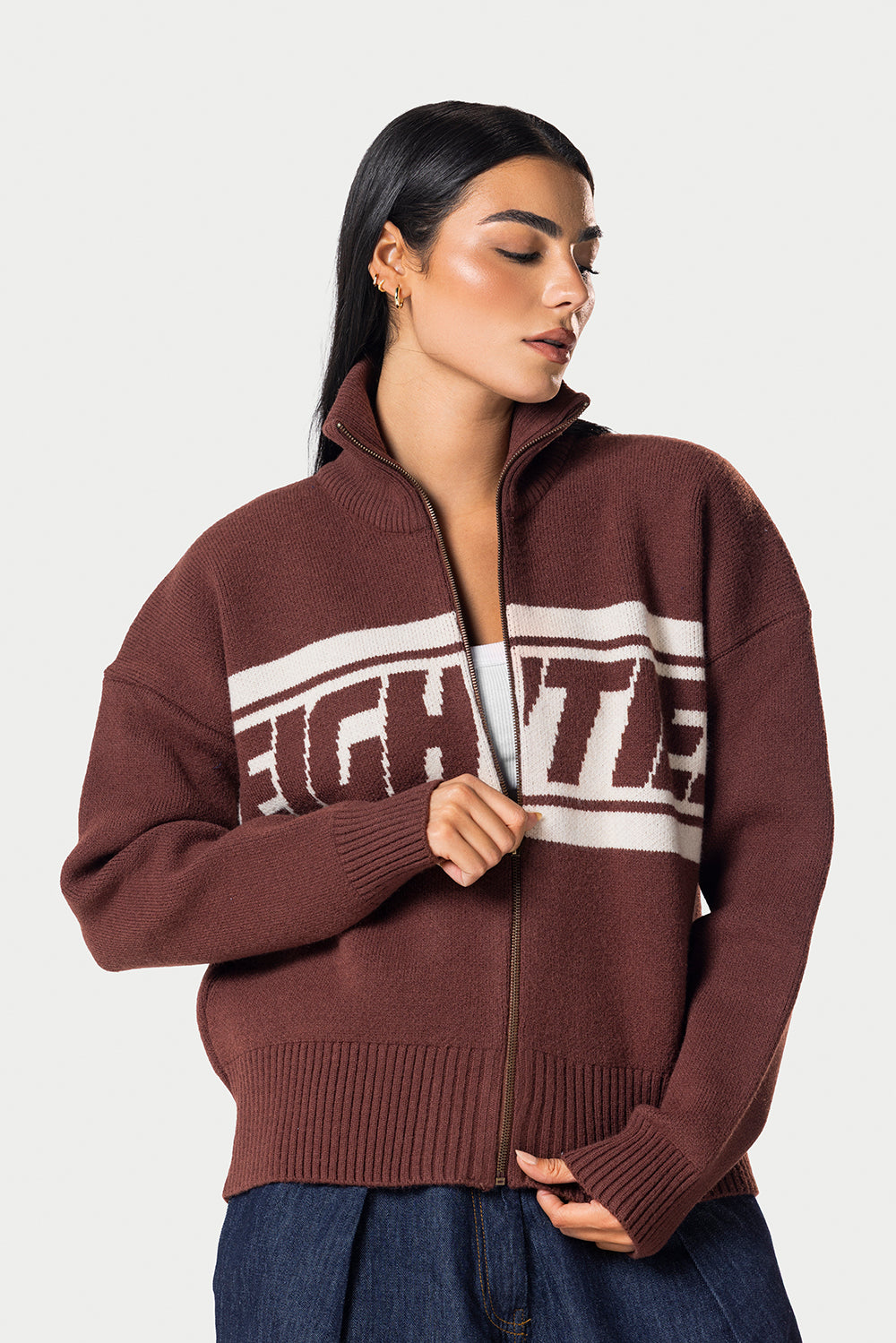 Eighties Zip Up knitted Sweater – Brown – photo 2