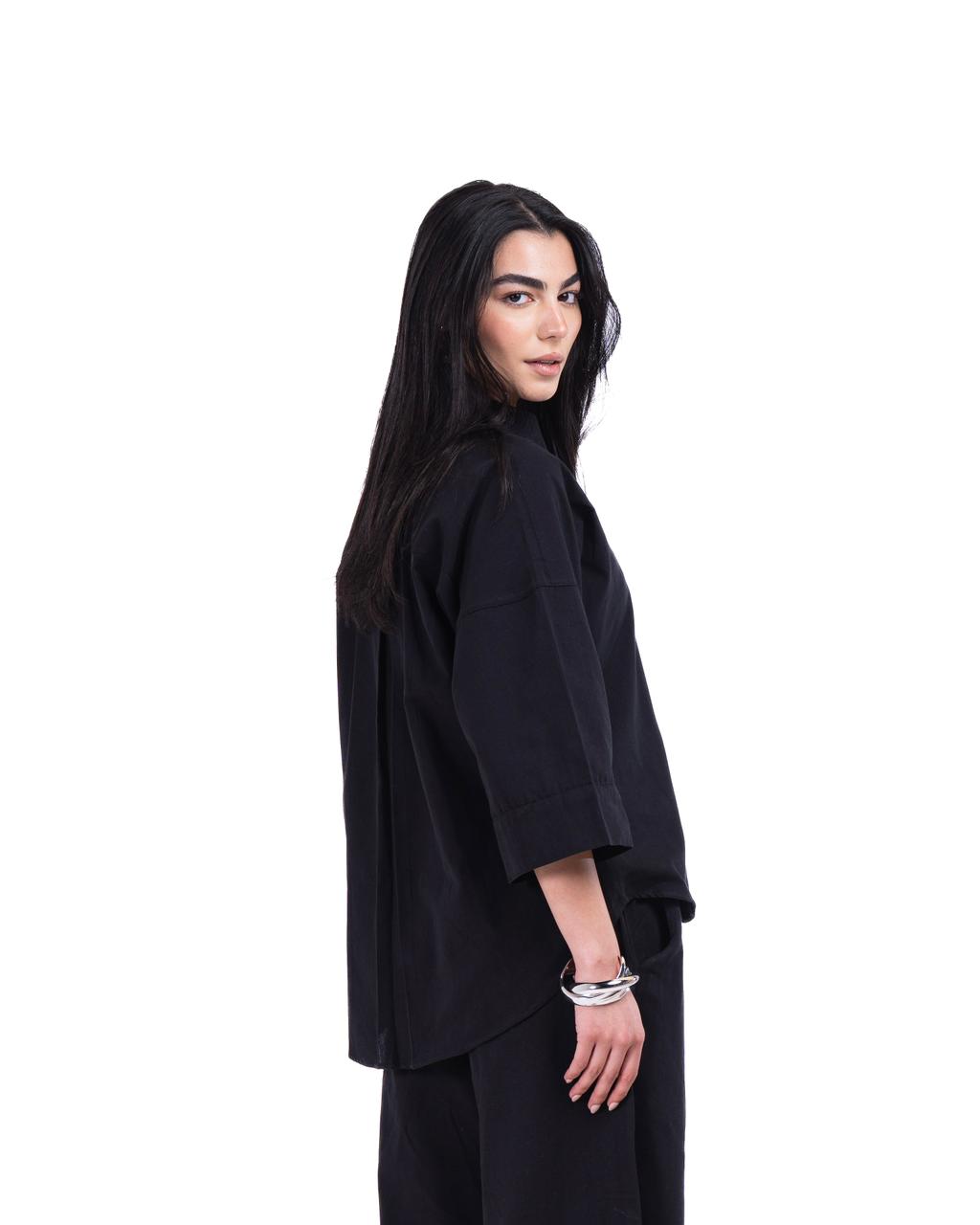 Wide Sleeve Linen Chemise - Black