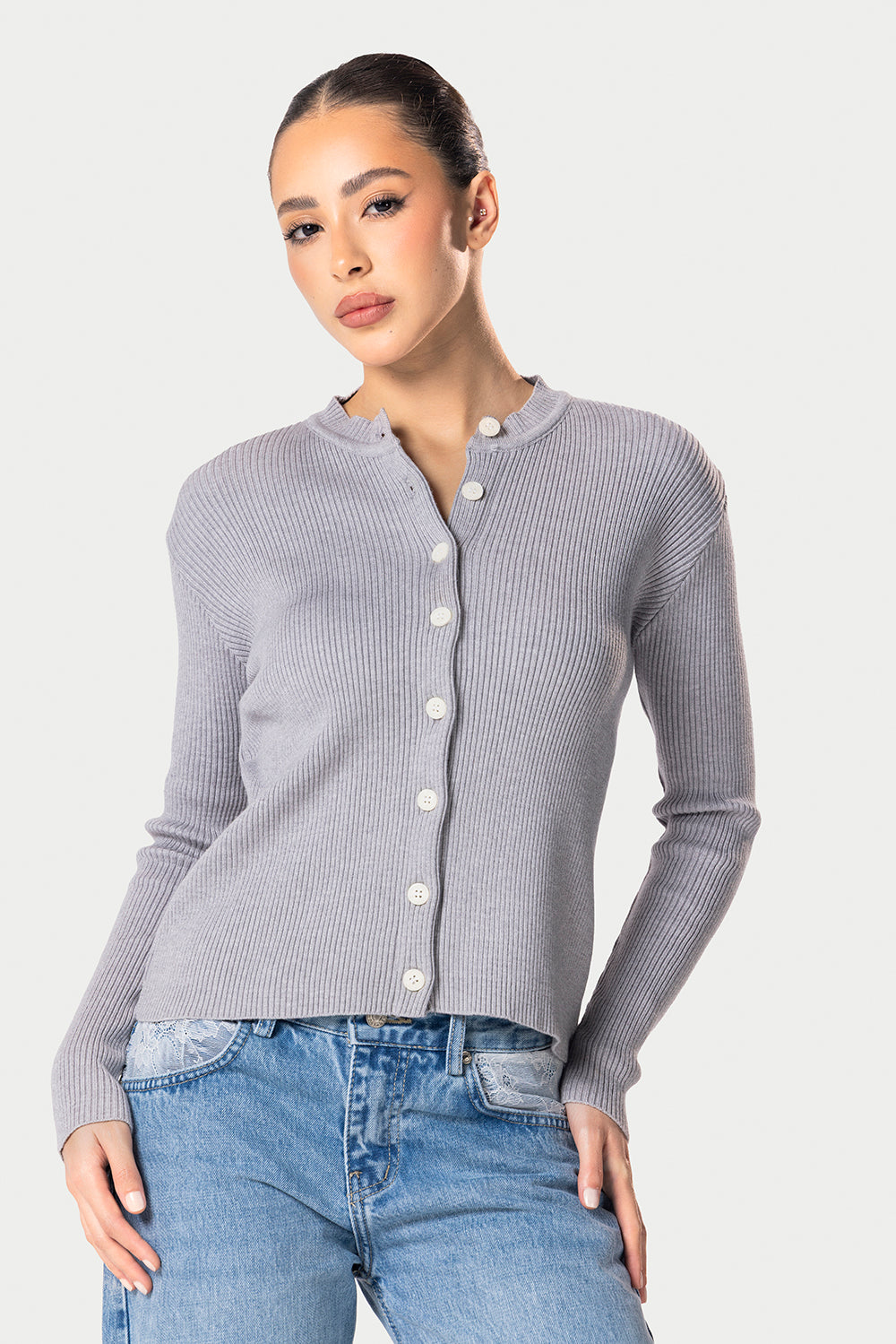 Knitted Ribbed Button Cardigan – Grey – photo 2