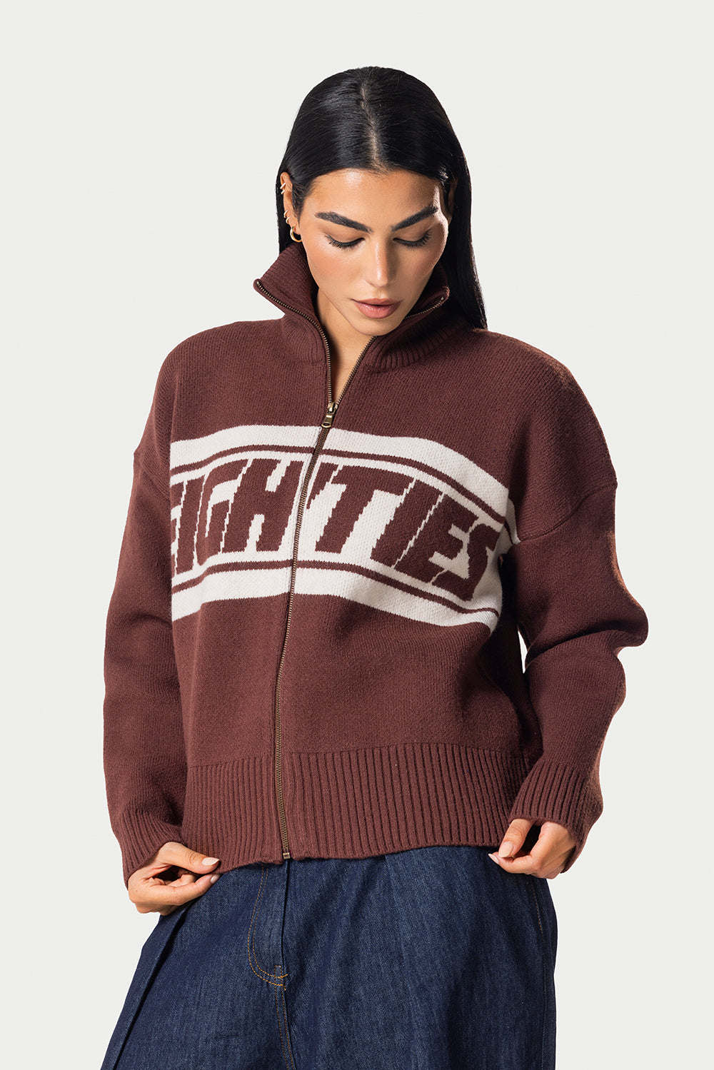 Eighties Zip Up knitted Sweater – Brown – photo 3
