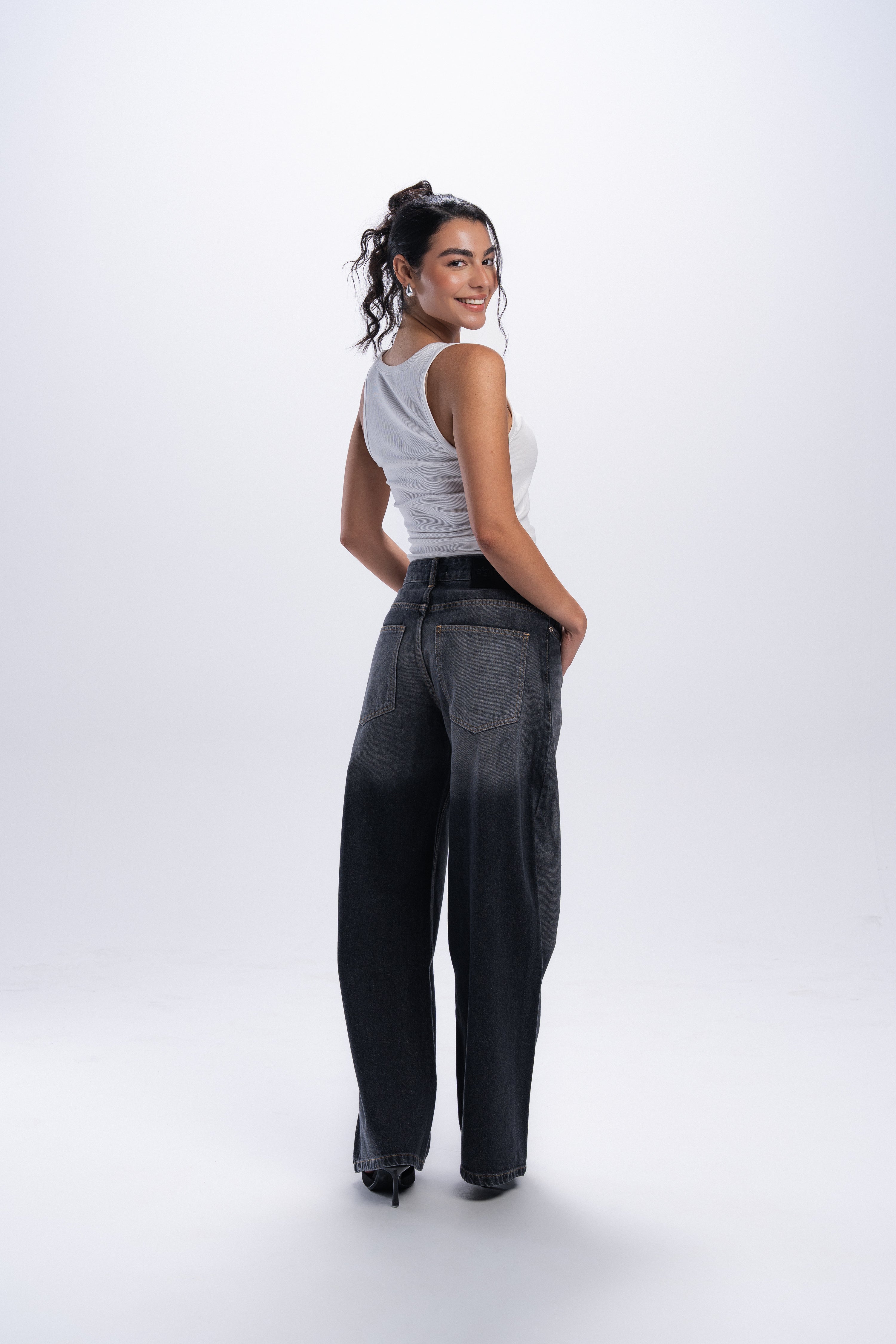 Cross-over waist wide leg jeans - Dark grey