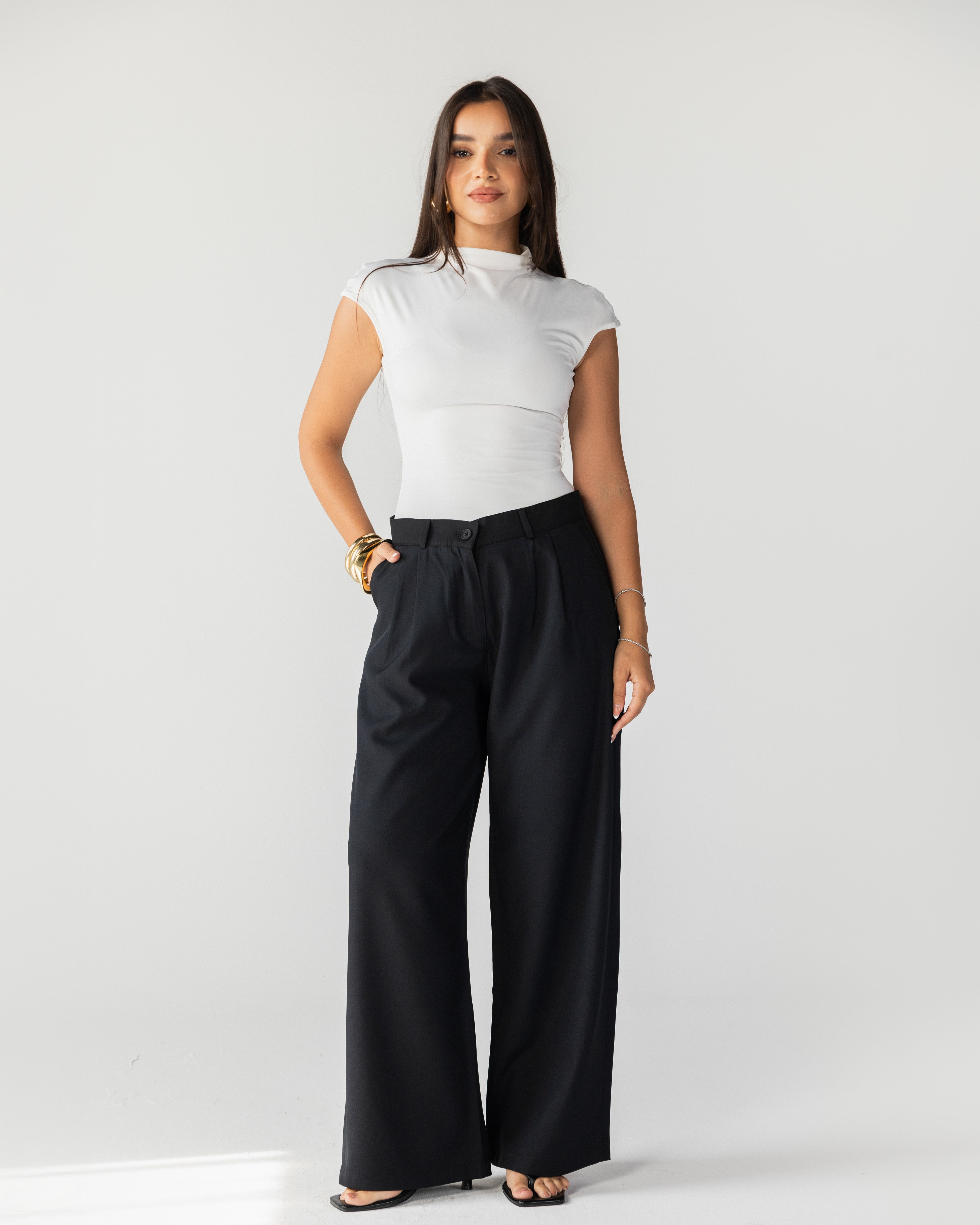 Wide Leg Tailored Pants-Black
