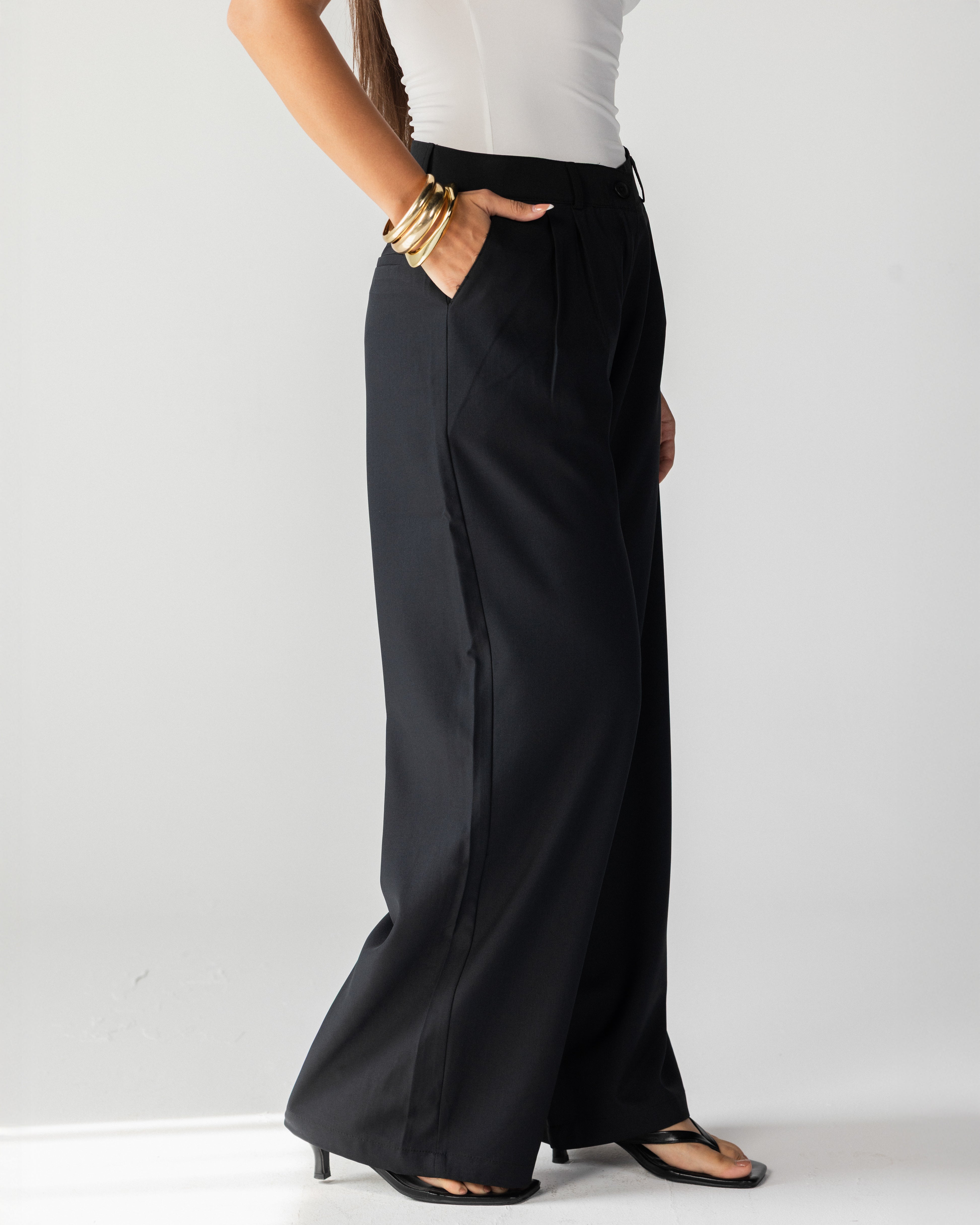 Wide Leg Tailored Pants-Black