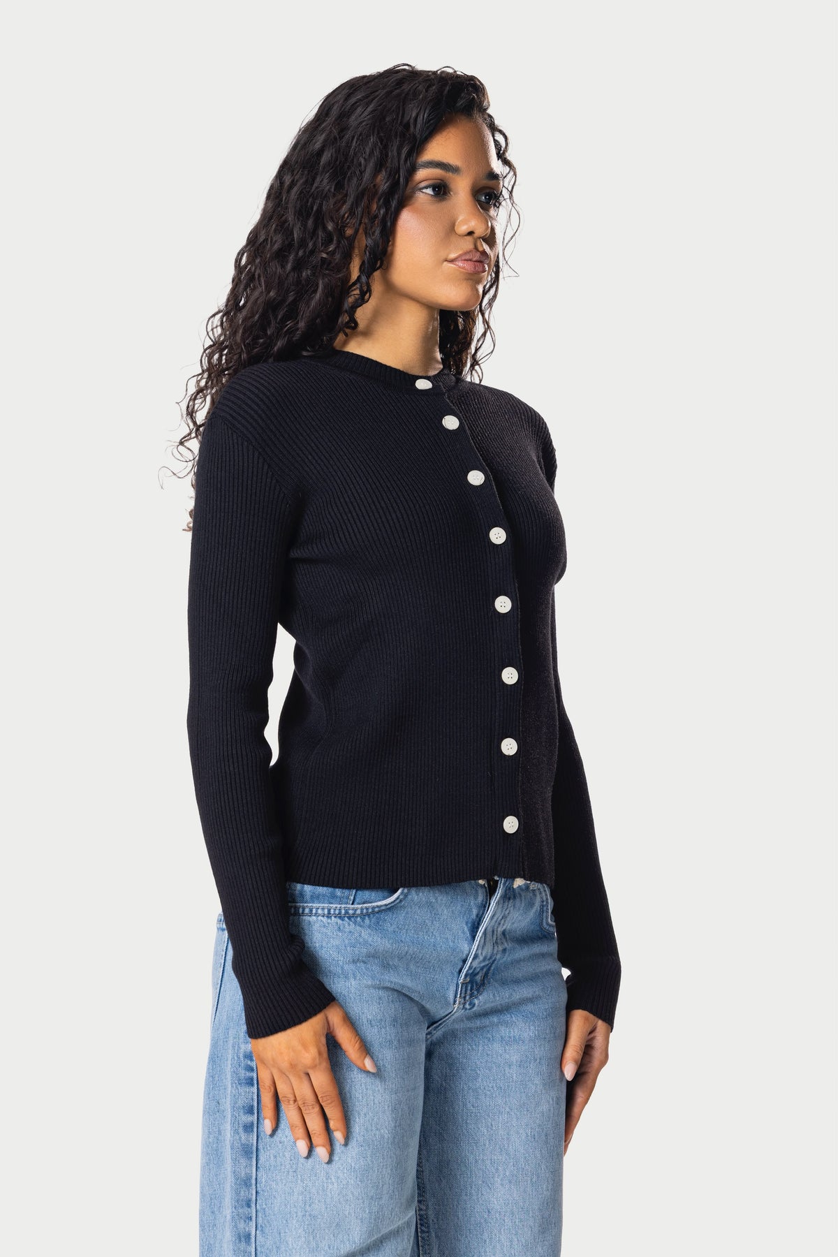 Knitted Ribbed Button Cardigan – Black – photo 2