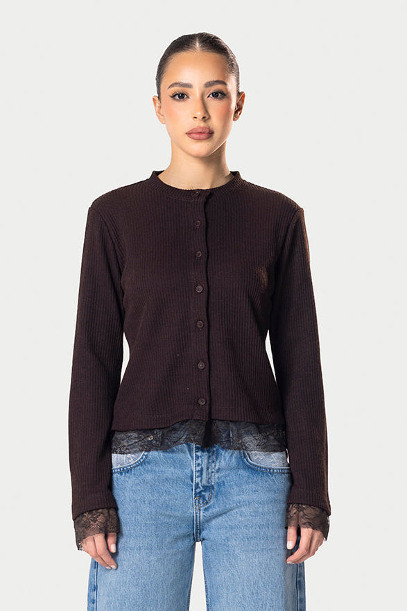 Long sleeve lace buttons top – Brown | Eighties