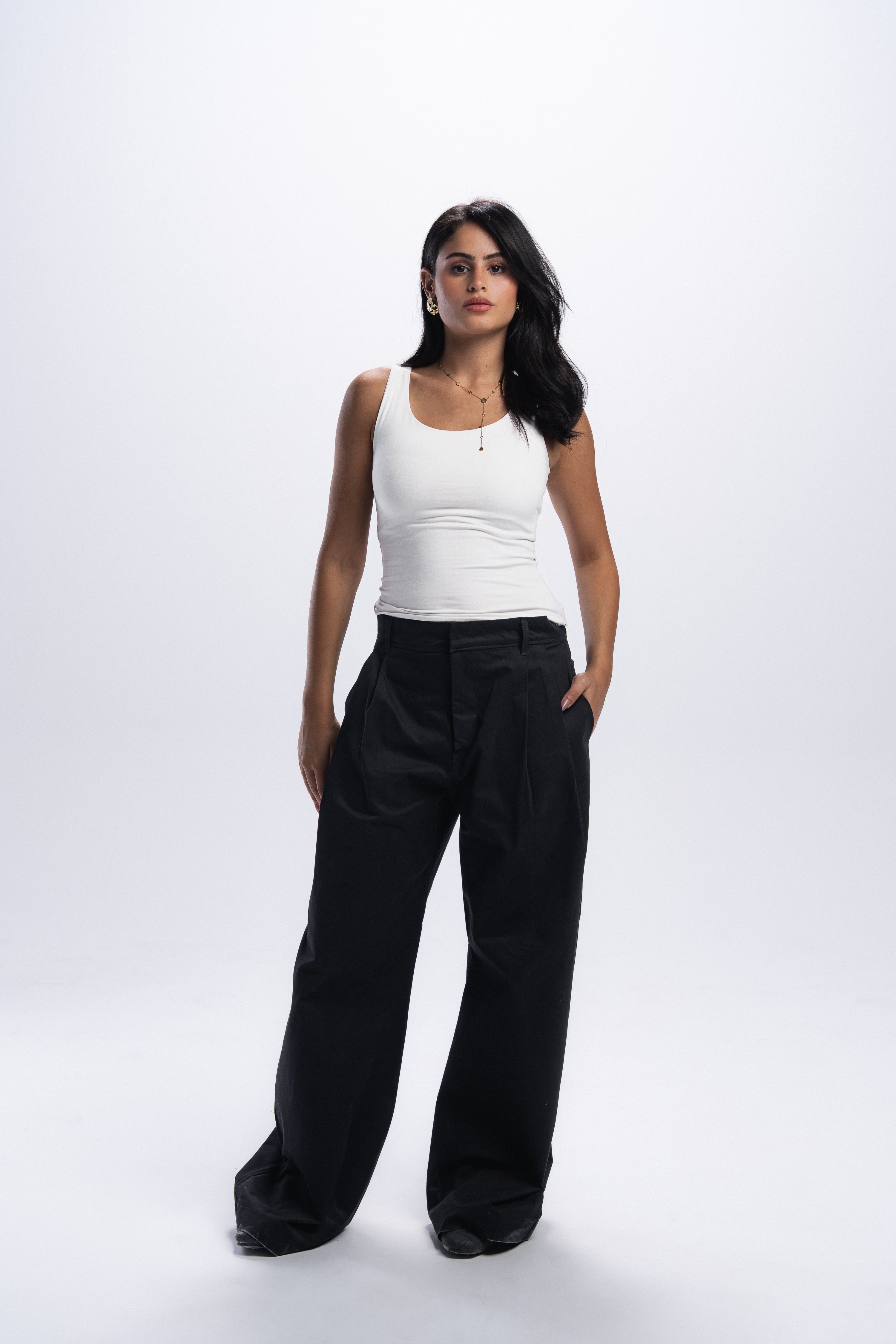 Pleated Gabardine Trousers- Black