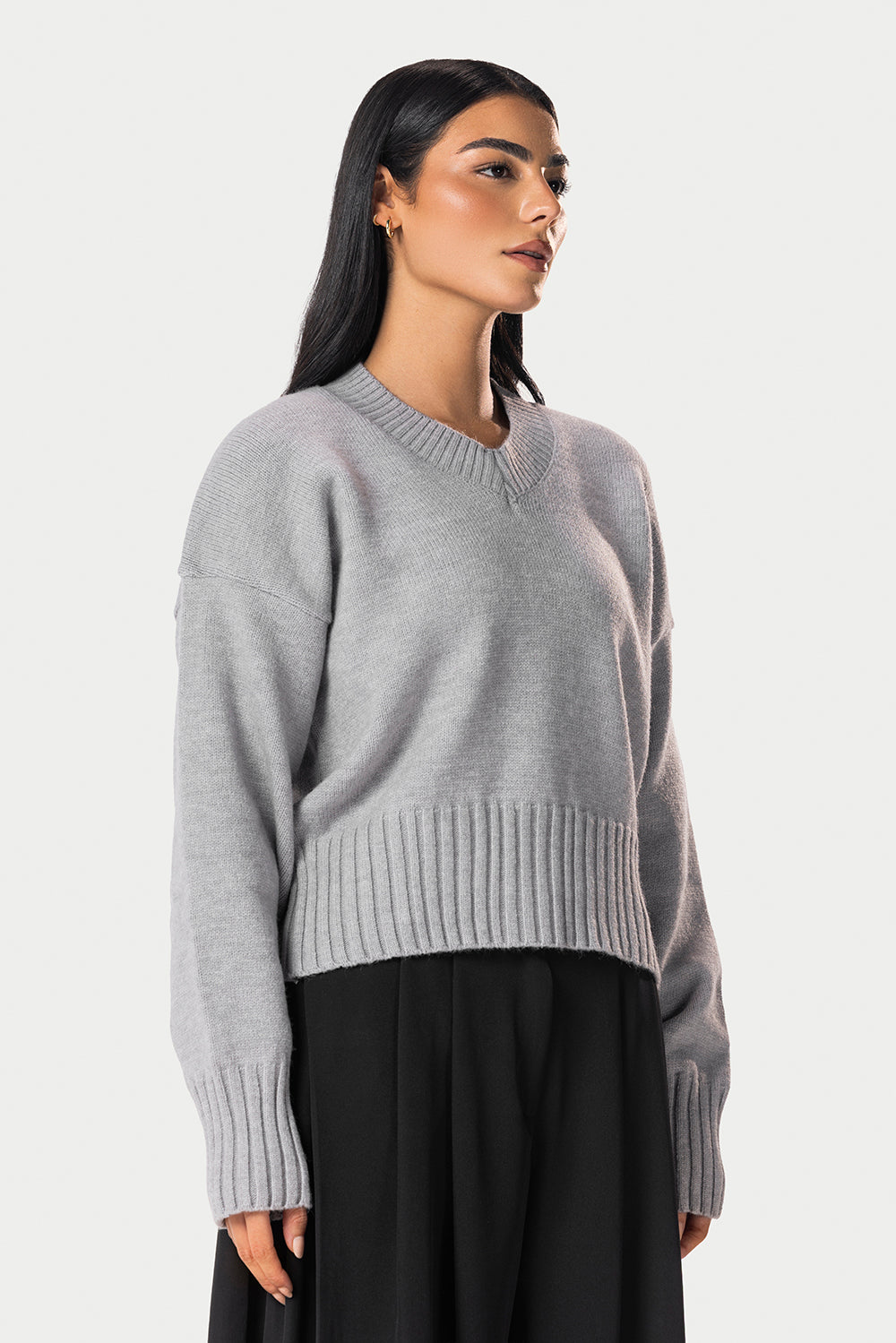 V-Neck Knitted Sweater – Grey – photo 3