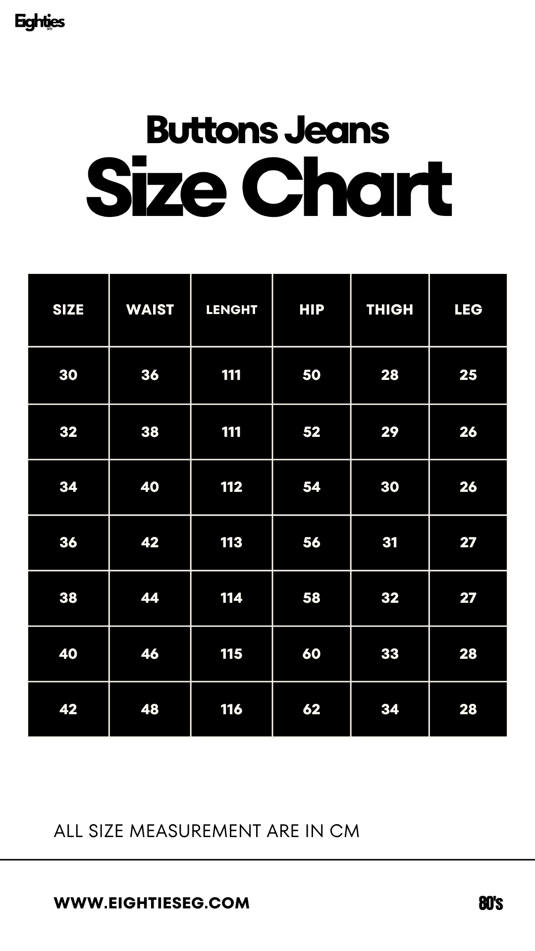 Buttons Jeans - Light Grey — Size chart