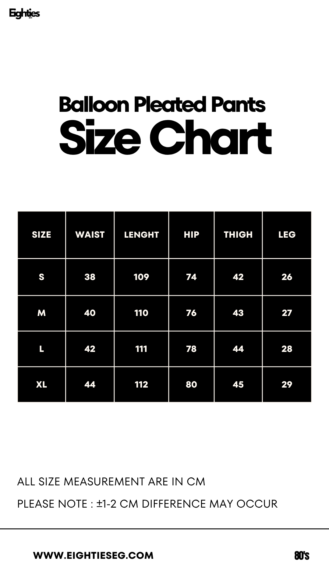 Balloon pleated pants - Mushroom — Size chart