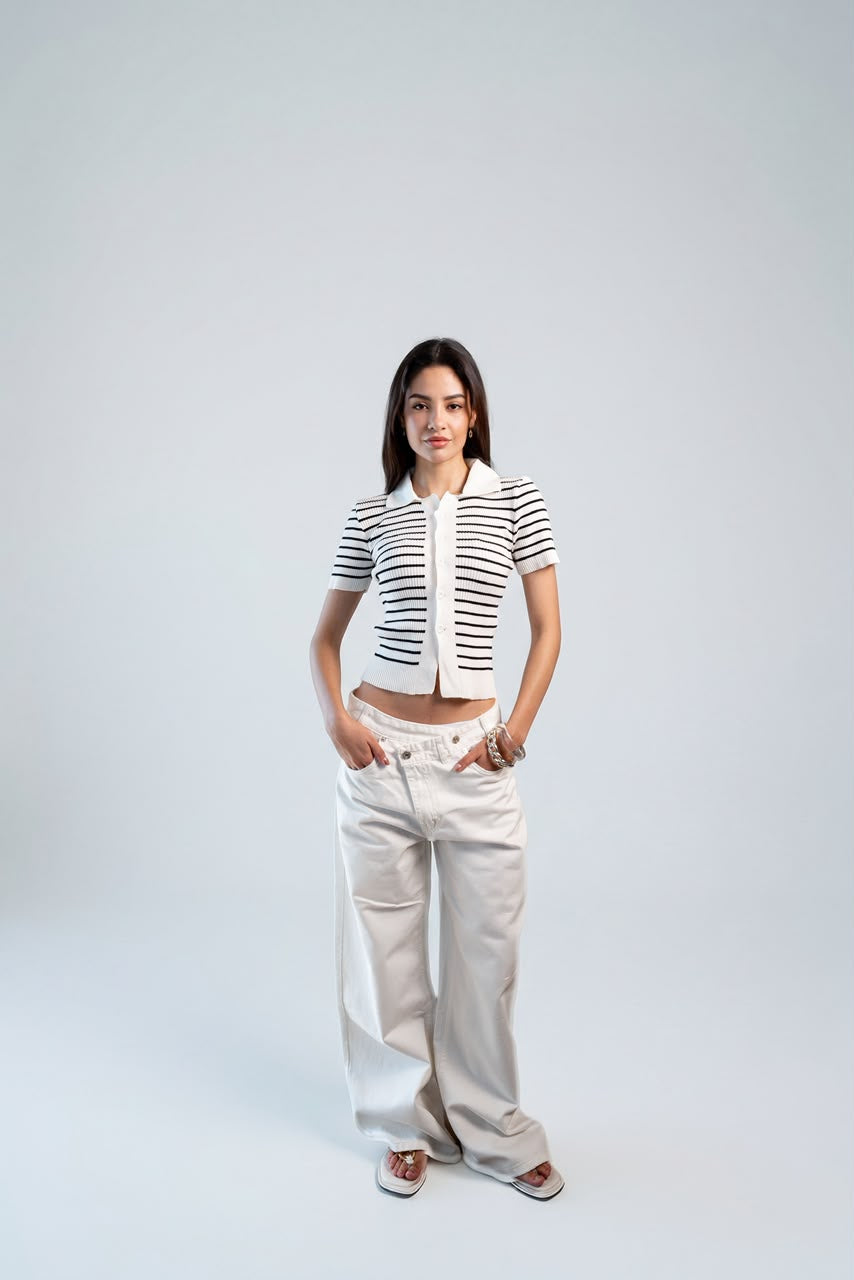 Buttoned striped knit Top - Ecru black