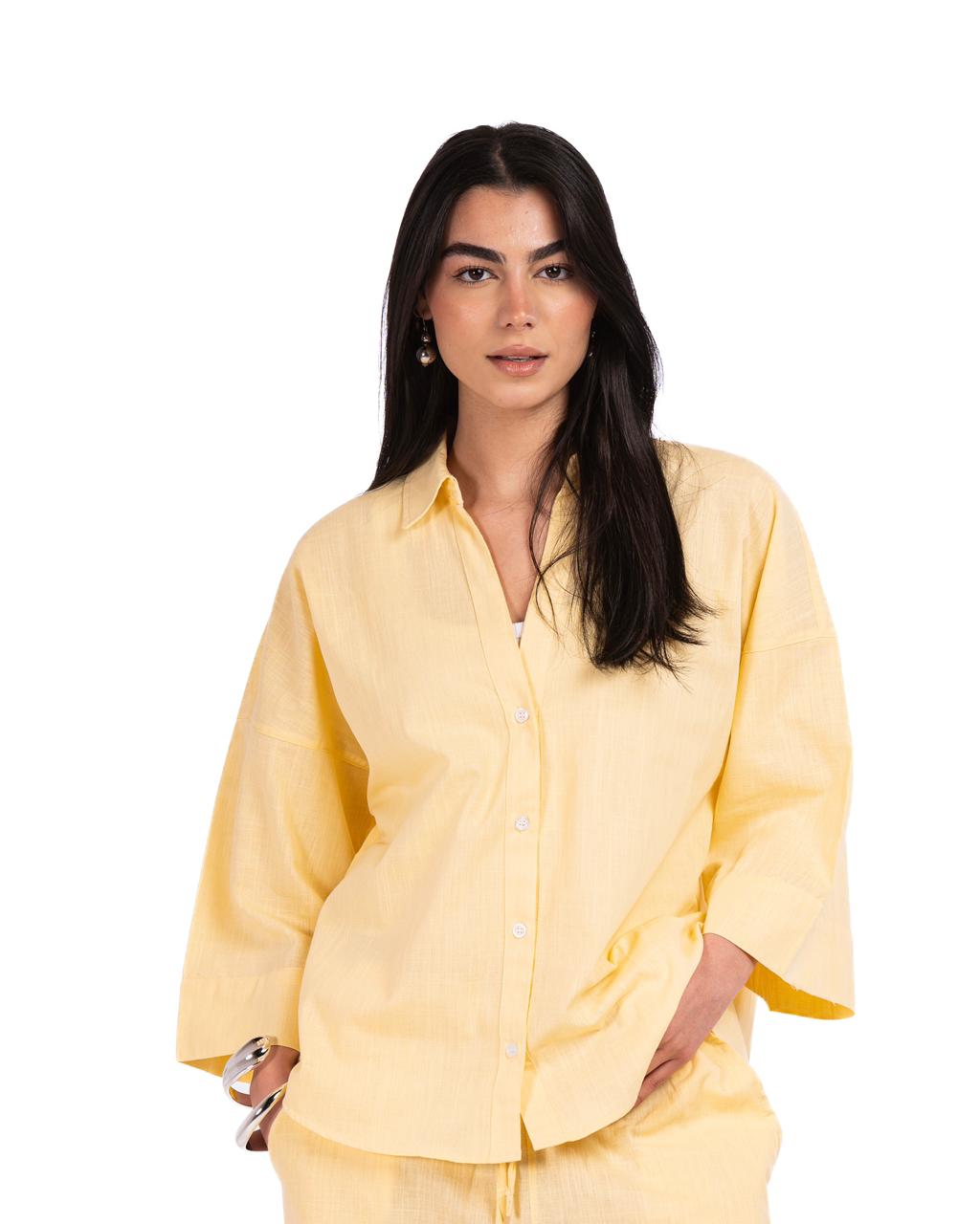 Wide Sleeve Linen Chemise -Yellow