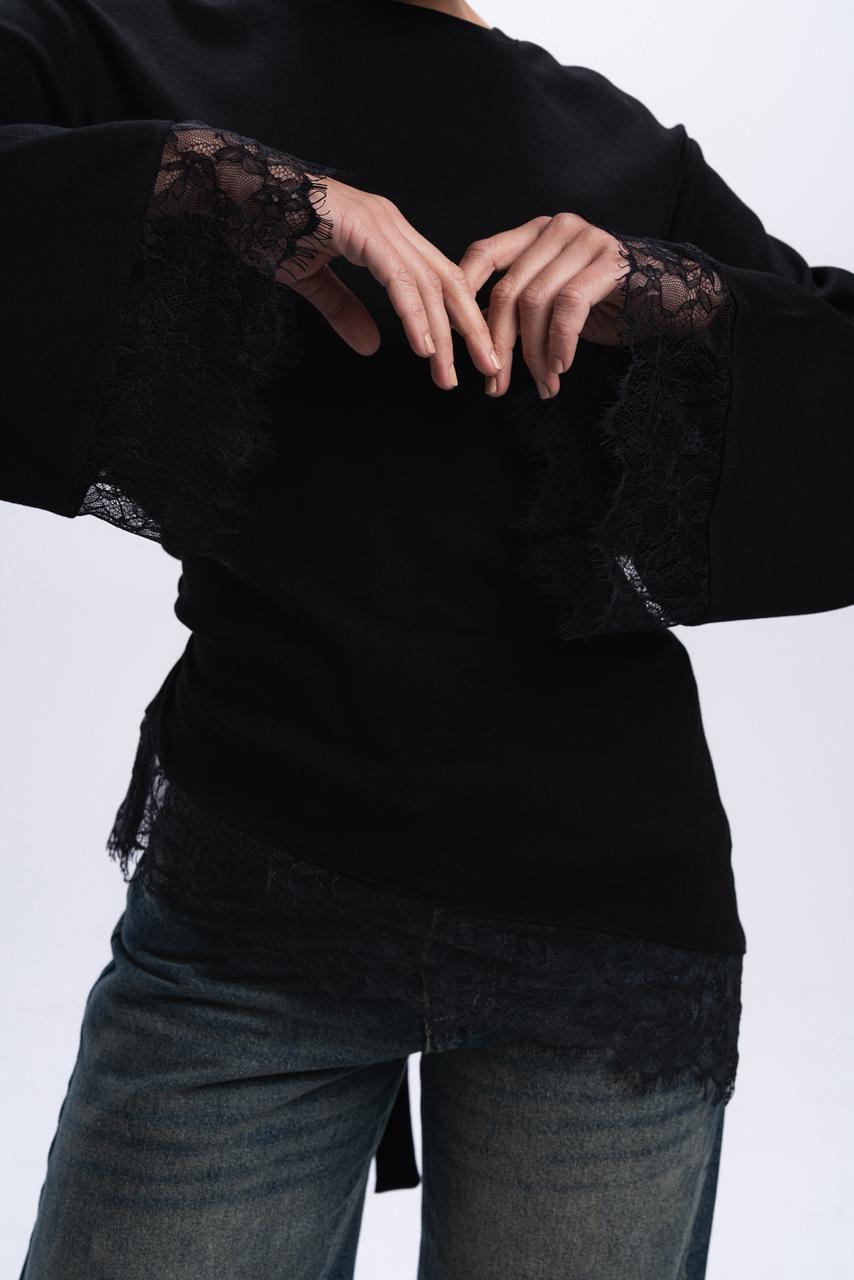 Long Sleeve Back tie lace Tee - Black