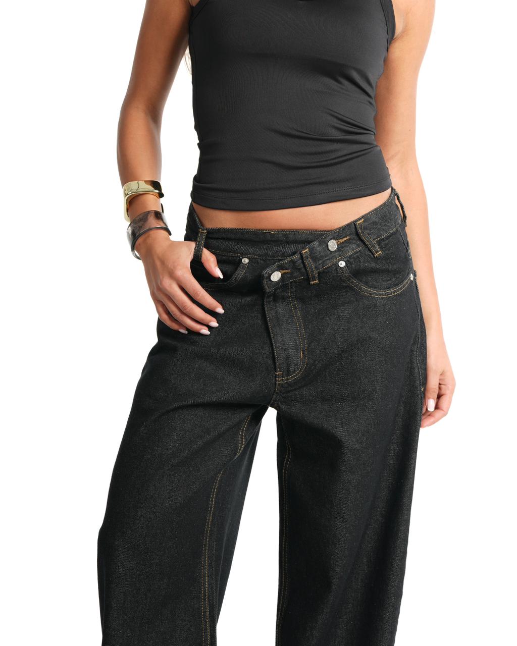 Cross-over waist wide leg jeans - Dark black