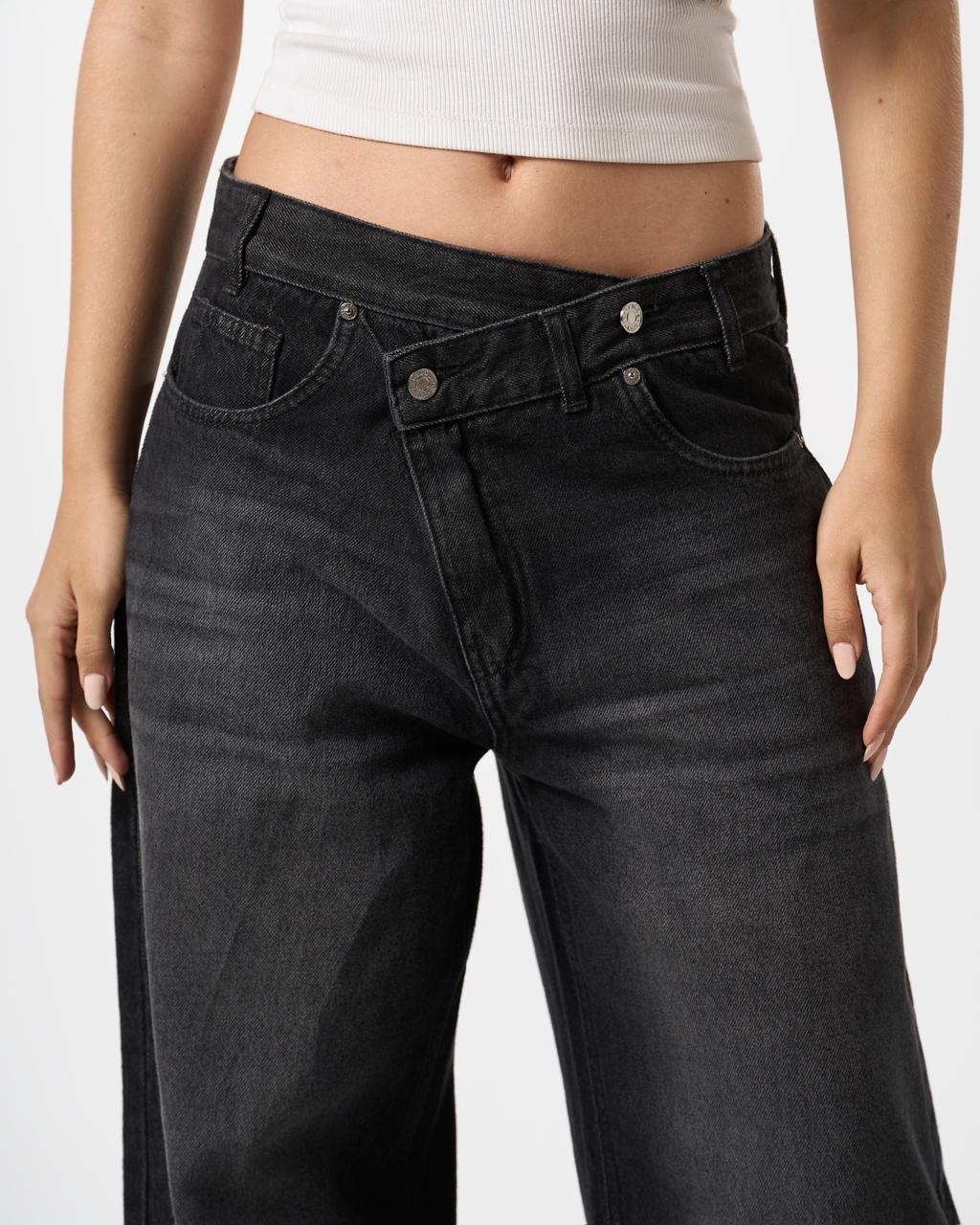 Wide-Leg Crossover Waist Jeans - Dirty black
