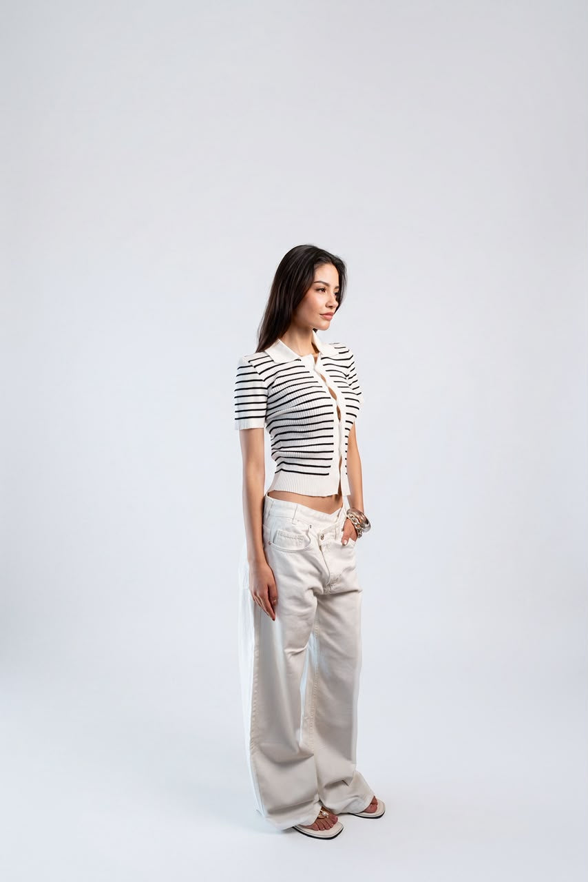 Buttoned striped knit Top - Ecru black