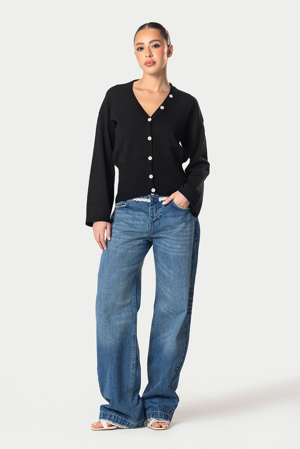 Wide Sleeve Knitted Cardigan – Black – photo 4